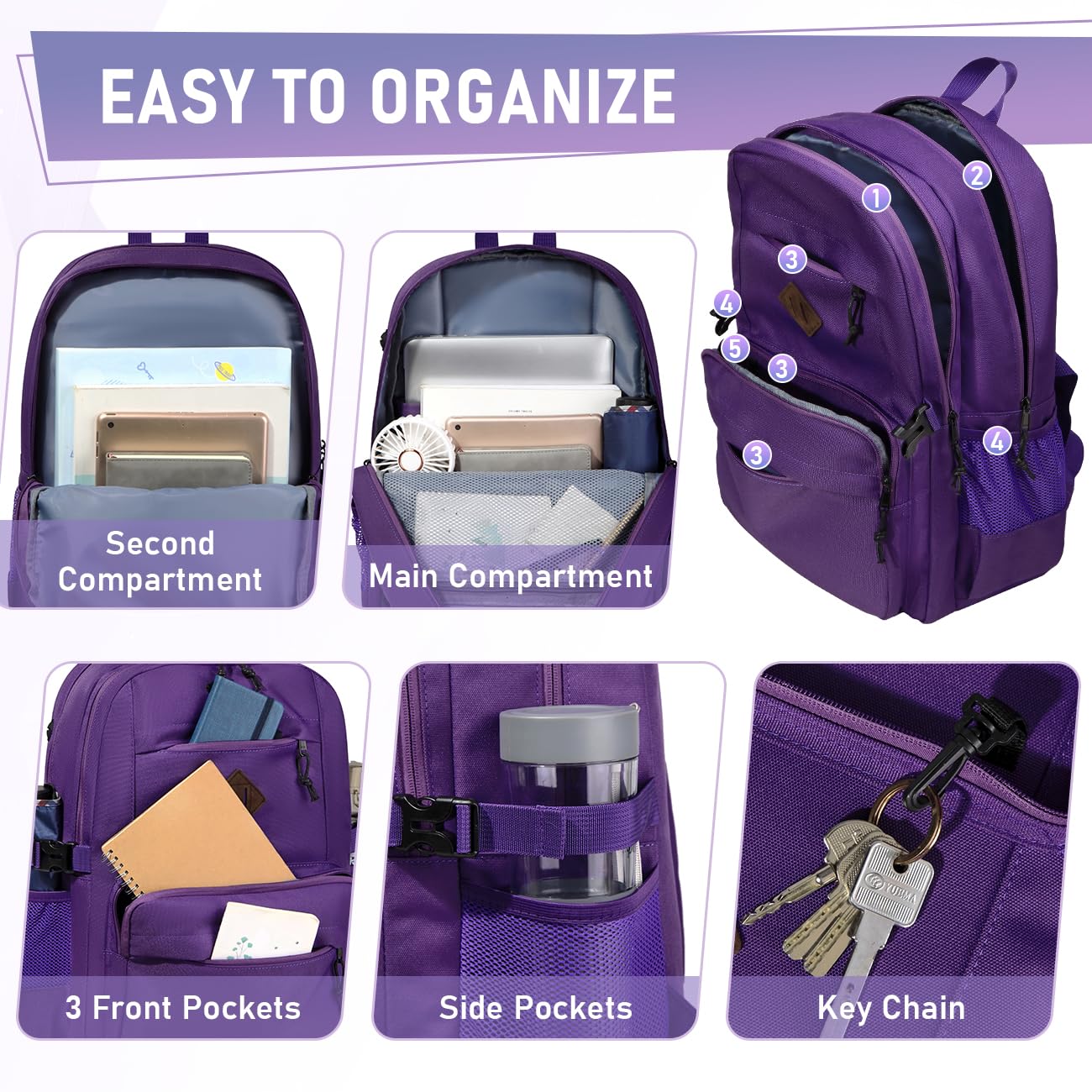 Kasqo Water Resistant Lightweight School Backpack for Women & Teen Girls - Purple Casual Daypack Book Bag for College, High School, Travel | Perfect for Daily Commute, Campus Life & Weekend Getaways