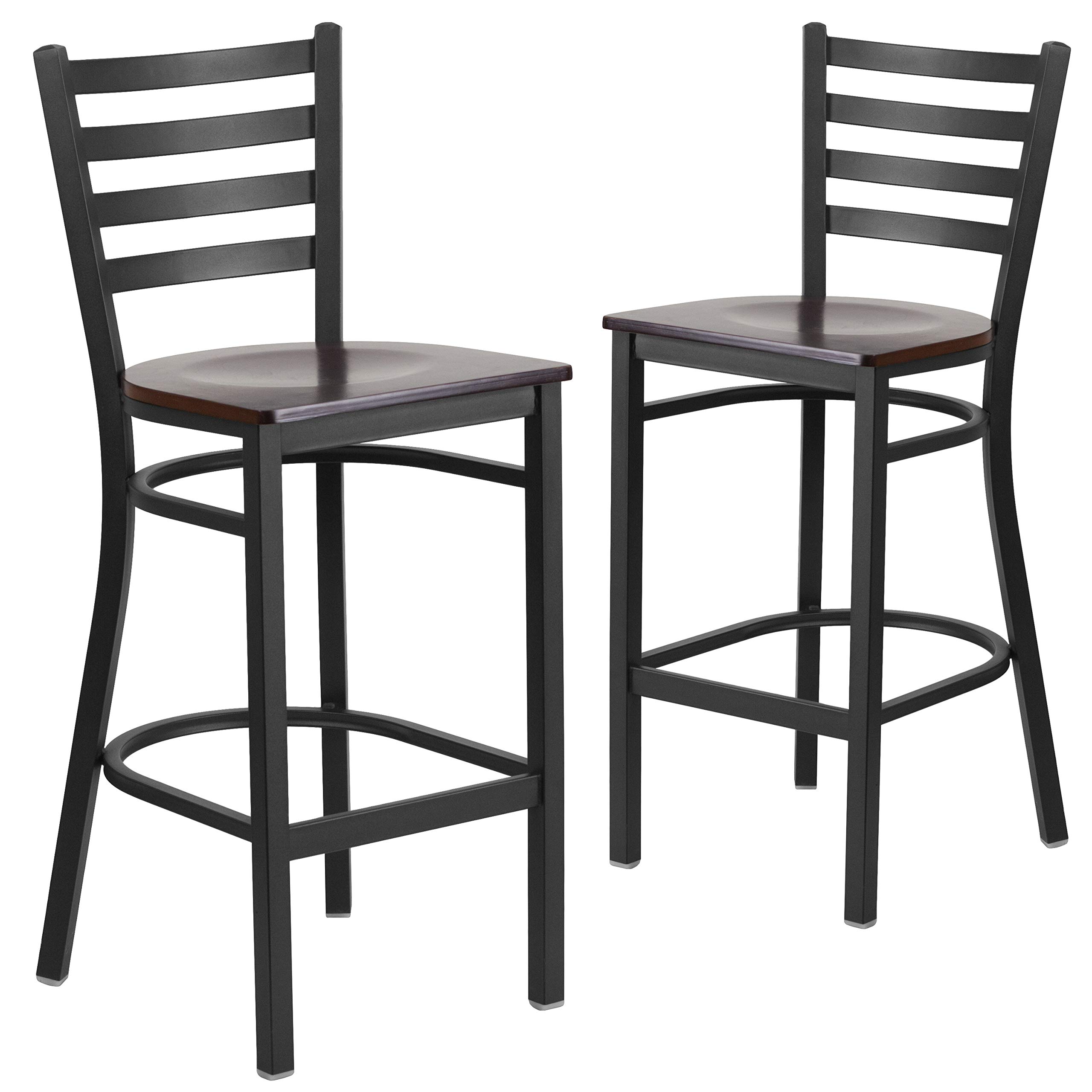 2 Pack Black Ladder Back Metal Bar Stools with Walnut Wood Seat - Counter Height Stools for Kitchen Island, Breakfast Bar & Restaurant Dining