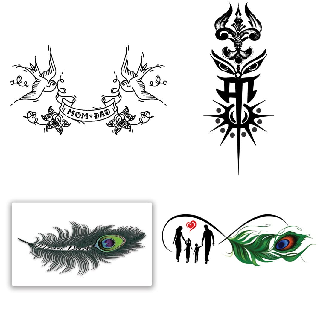 Temporary Tattoo Stickers - Pack of 4 Maa Paa Infinity Black Trishul Designs for Men & Women (2x4 Inch) | Waterproof Fake Tattoos for Festivals, Parties & Spiritual Events