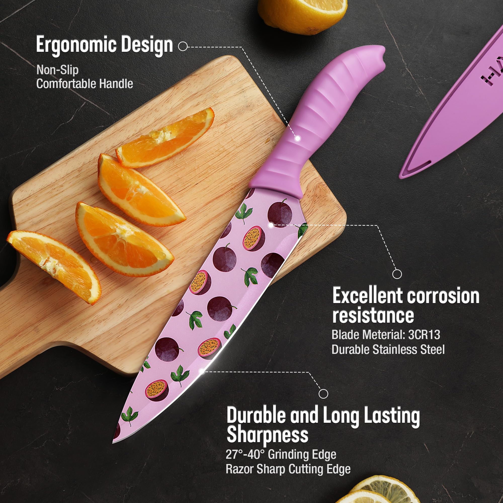HAUSHOF 12-Piece Colorful Kitchen Knife Set with 6 Sheaths - Non-Stick Coated Stainless Steel Fruit Pattern Blades for Slicing, Dicing & Cutting - Perfect Gift for Dad & Mom - Ideal for Home Cooking, Meal Prep & Fruit Carving