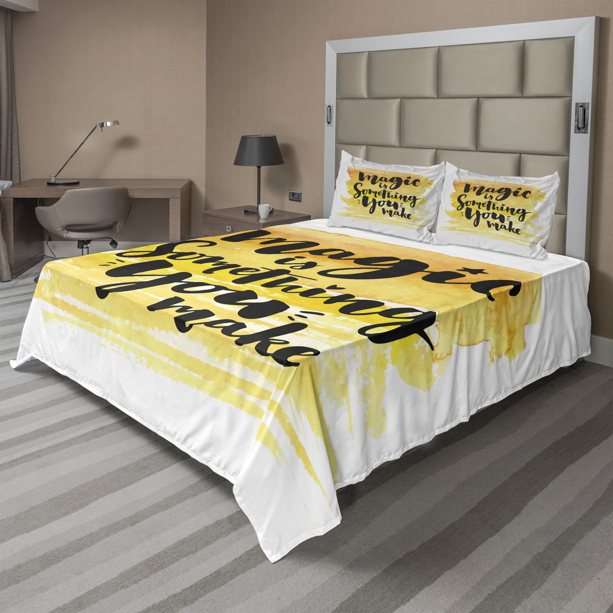 Ambesonne Magic Themed 4-Piece King Size Sheet Set with Watercolor Print - Fitted Sheet, Flat Sheet & 2 Pillowcases - Yellow & Black Design for Bedroom Decor | Perfect for Guest Rooms, Kids' Rooms & Themed Bedrooms