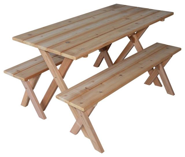 8ft Cross Leg Dining Table with 4 Benches - Outdoor Patio Furniture Set with Umbrella Hole | Perfect for Backyard, Garden, and Poolside Gatherings