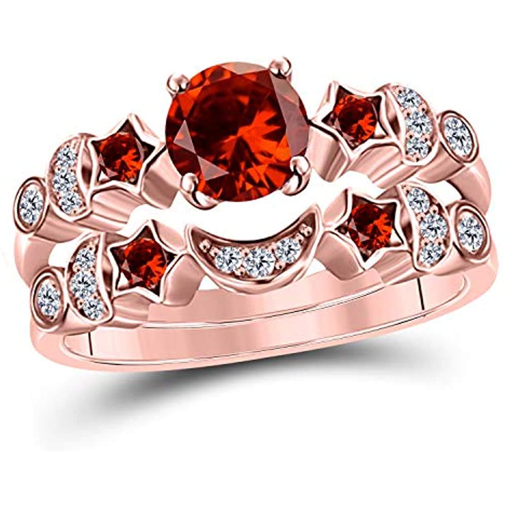 1.00 CT Round Created Garnet Wedding Engagement Ring Set for Women - 925 Sterling Silver & 14K Gold Over - Diamond Moon Star Style Bridal Jewelry - Perfect for Proposals, Anniversaries & Special Occasions