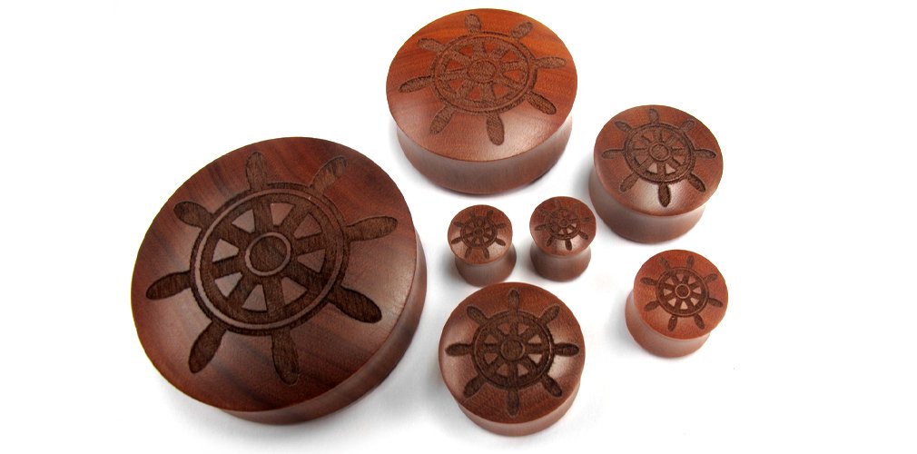 **1 Pair of 1 & 3/4 Inch (44mm) Engraved Helm Sailor Wheel Wood Plugs – Urban Body Jewelry for Ear Stretching & Unique Style**    *(Use Case: Perfect for ear stretching, alternative fashion, and nautical-themed accessories.)*