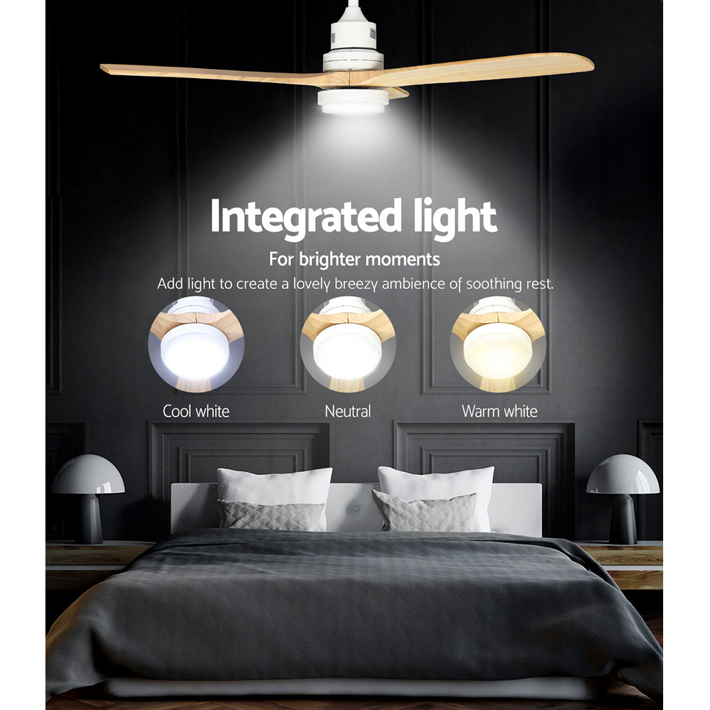 Devanti 52 Inch Ceiling Fan with LED Light and Remote Control - AC Motor, Light Wood Finish for Living Room, Bedroom, and Outdoor Patio