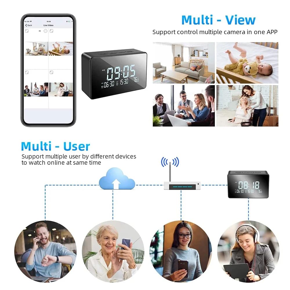 FKINGLRK Mini Alarm Clock Camera with Temperature Monitoring - WiFi Home Security Surveillance for Remote Monitoring | Perfect for Baby, Elderly & Pet Care