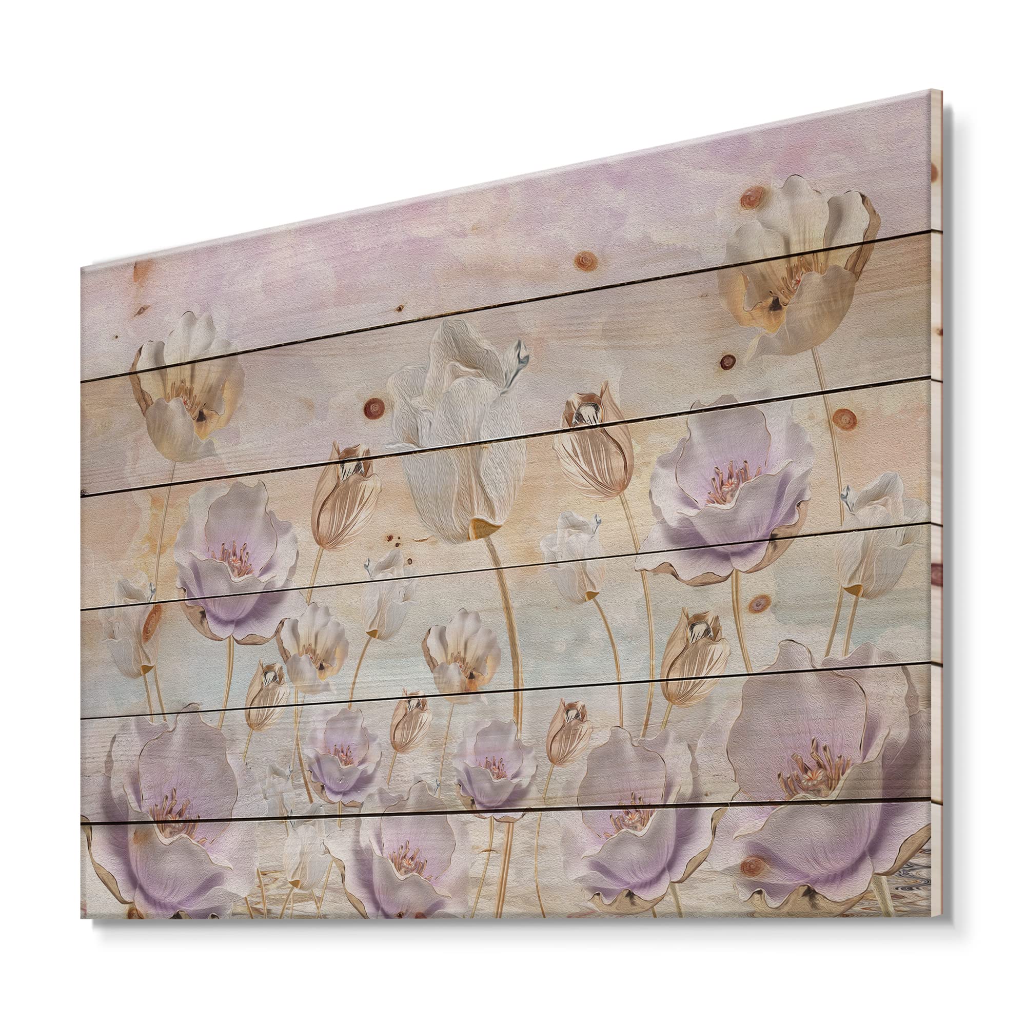 Pastel Floral Wood Wall Decor - Handcrafted Traditional Purple Wood Wall Art with Large Blossoming Flowers Printed on Natural Pine Wood - Perfect for Living Room, Bedroom, and Home Office Decor