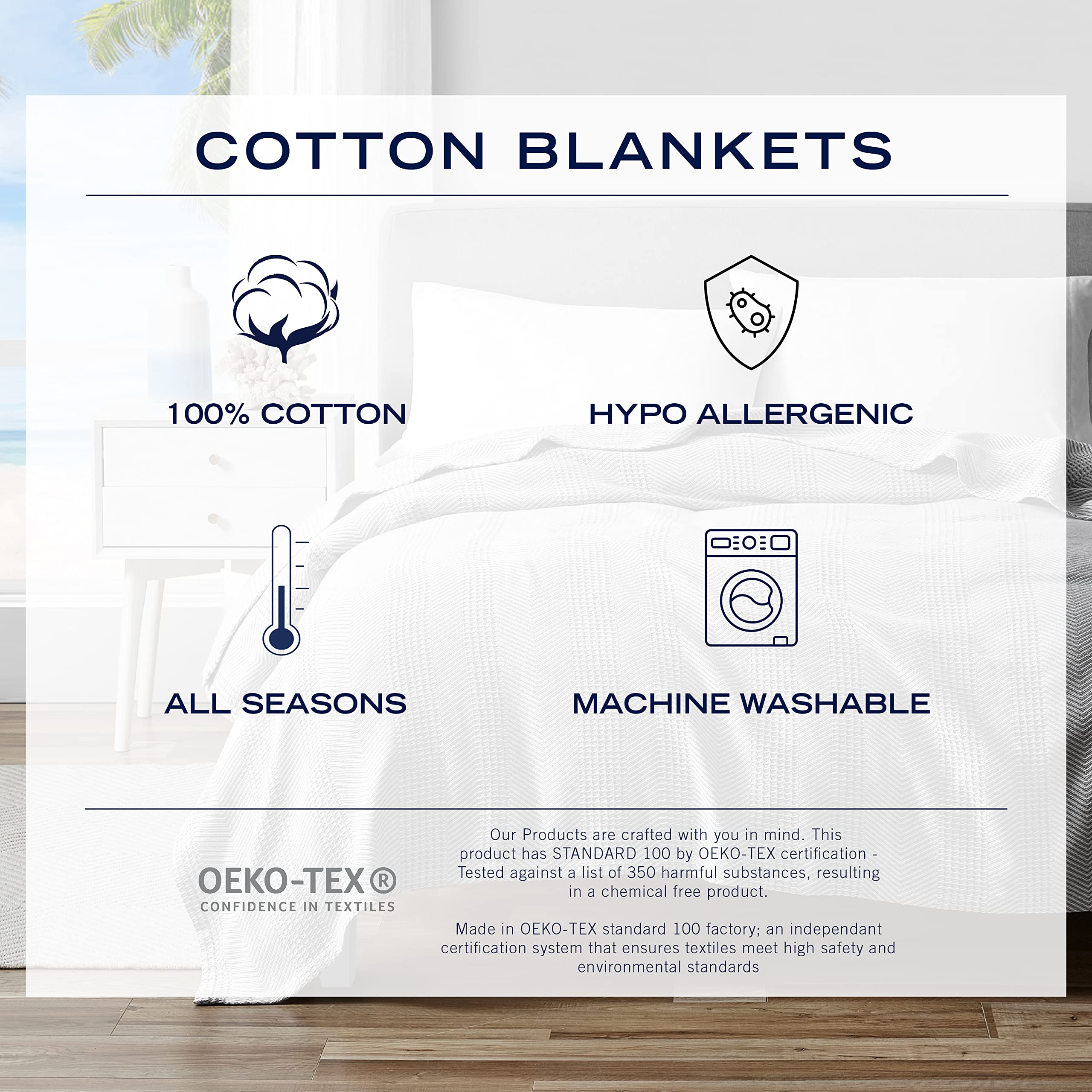 Nautica Soft Cotton Blanket - Medium Weight All-Season Bedding for Queen Size Bed, Navy Blue | Perfect for Cozy Nights, Guest Rooms & Dorm Comfort