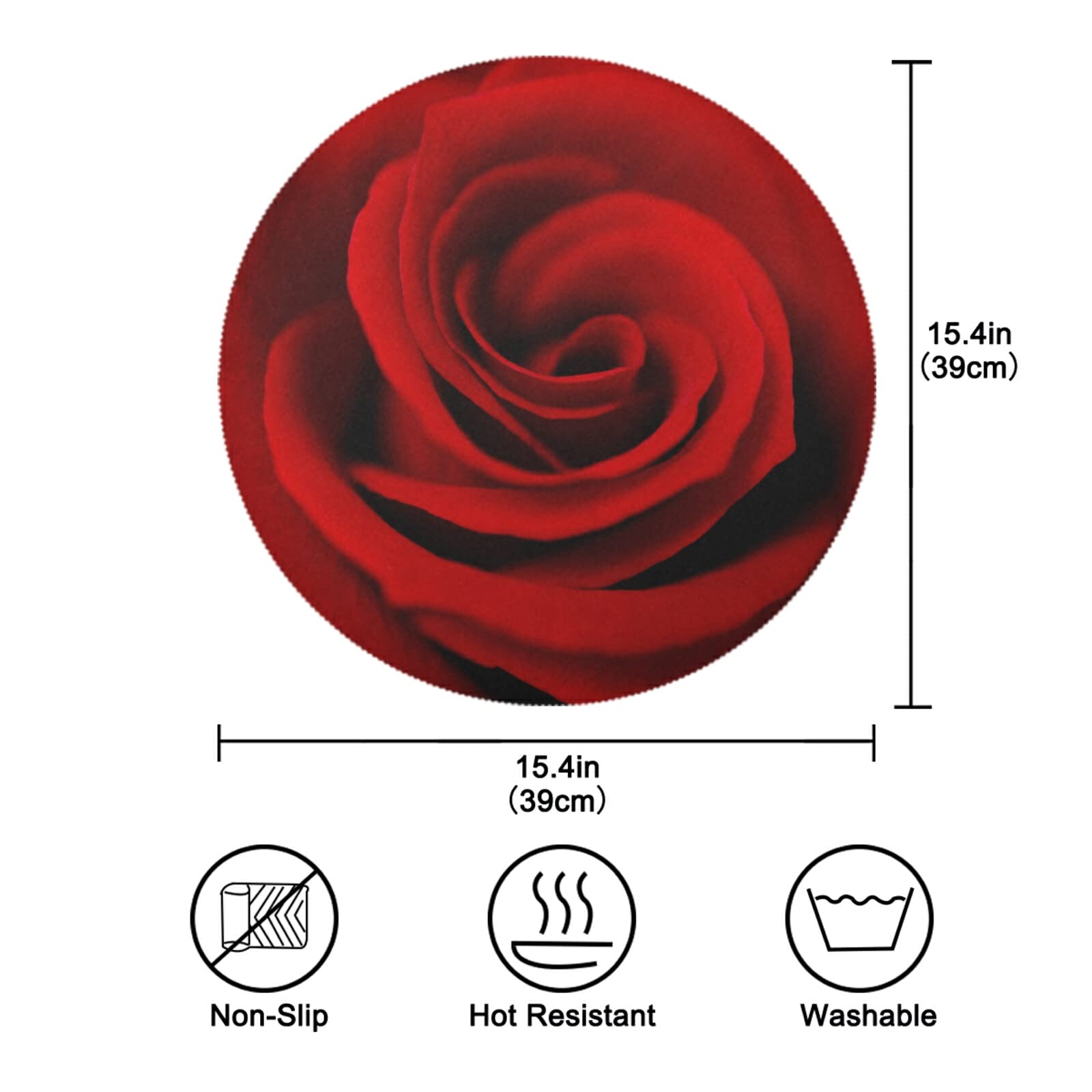 Valentine's Day Rose Floral Red Round Placemats Set of 6 - Washable Kitchen Table Mats for Dining, Romantic Dinner, Holiday Decor & Home Decor