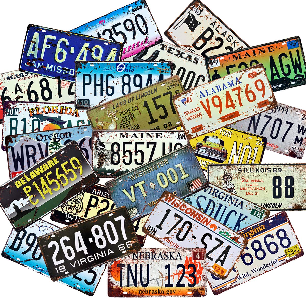 Vintage US States Metal License Plates - Set of 30 Embossed Number Tags (6x12 Inch) for Man Cave, Garage, Bar & Home Wall Decor - Perfect for Themed Parties, DIY Projects & Americana Collections