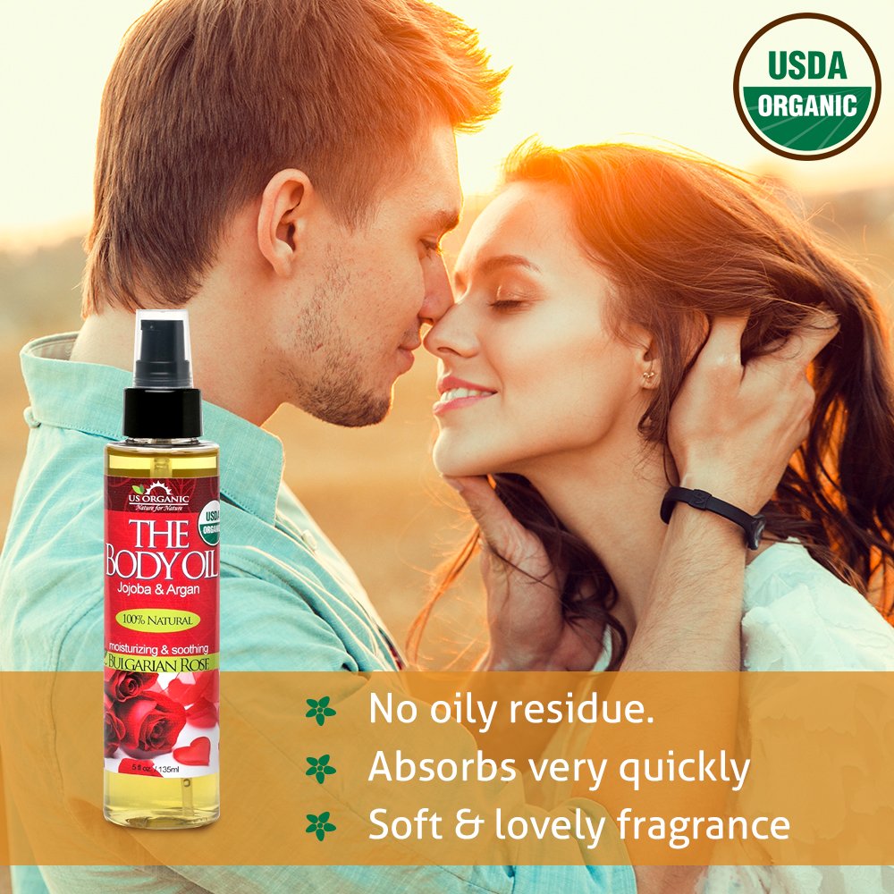 Organic Bulgarian Rose Body Oil with Jojoba & Argan Oil - USDA Certified, Vitamin E Enriched, Alcohol & Paraben Free - Romantic & Sensual Moisturizer for Dry Skin, Massage & Aromatherapy