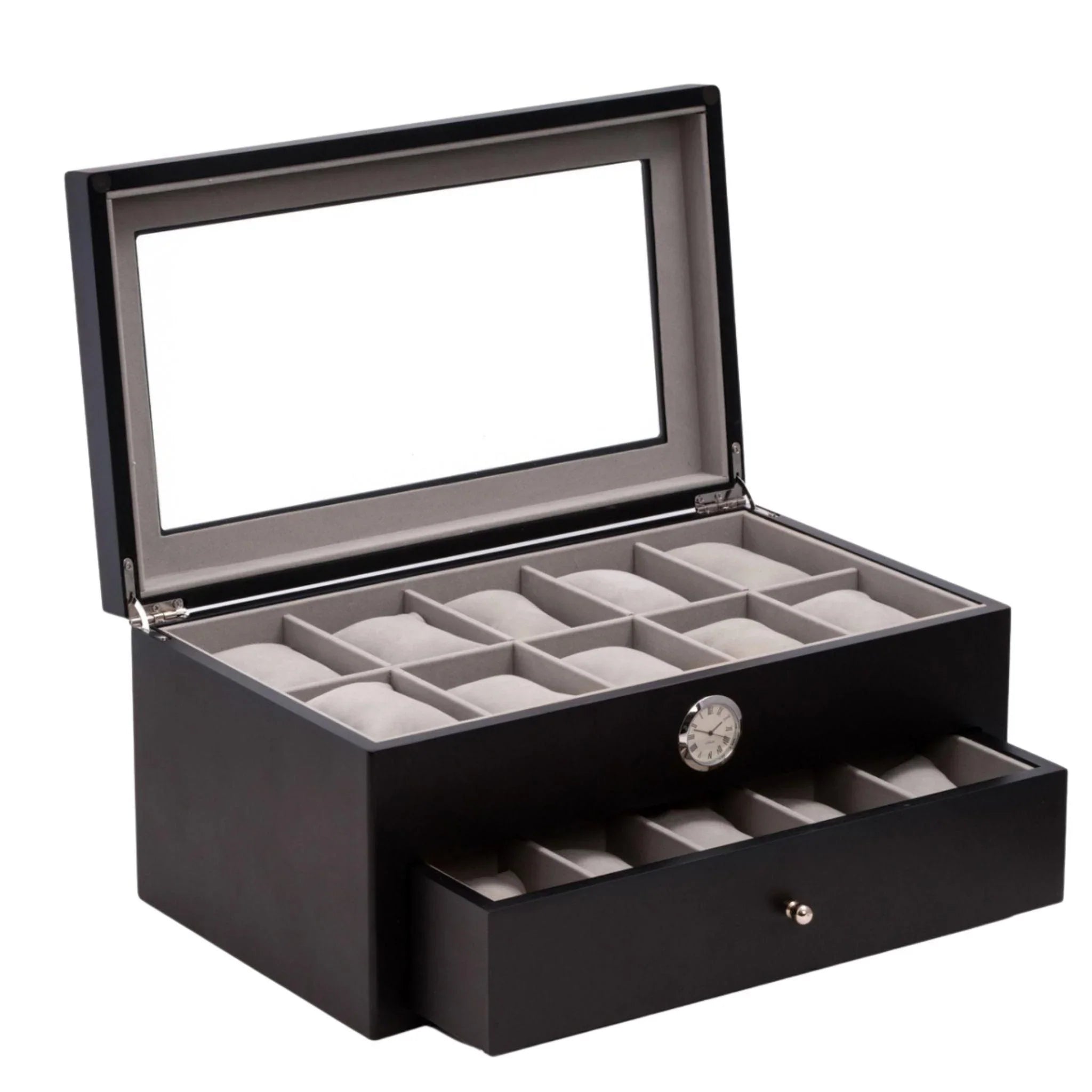 20-Slot Luxury Watch Box with Glass Top & Built-in Clock - Black Velvet Interior for Watch Storage & Display - Perfect for Watch Collectors & Gift Giving