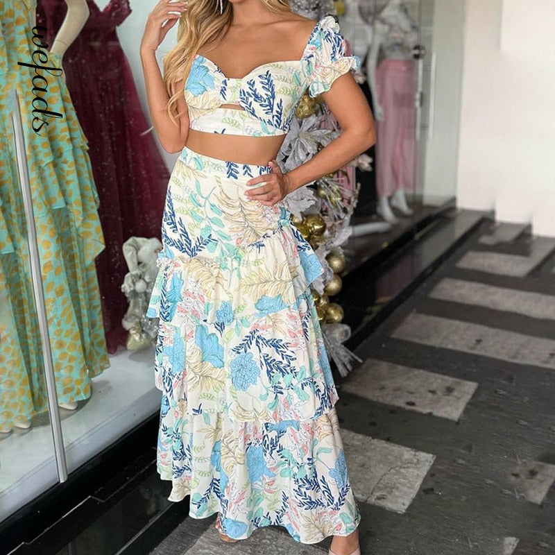 Lovevop Women's Floral Print Two Piece Set - Elegant Ruffled Long Skirt & Top Outfit for Party, Date Night, Wedding Guest or Special Occasions