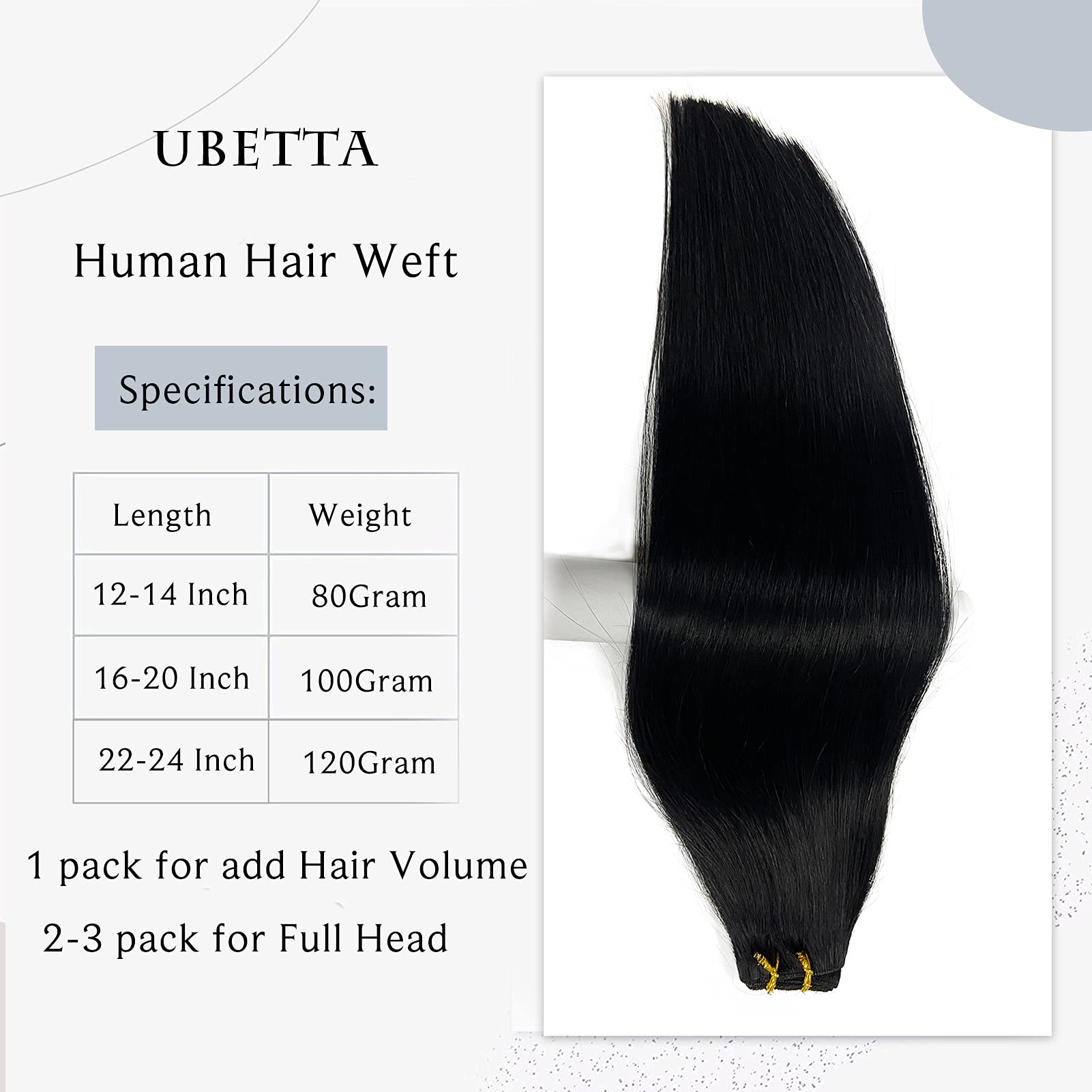 Jet Black Human Hair Extensions 20Inch 100G - Sew in Weft for Women, Perfect for Styling & Volume