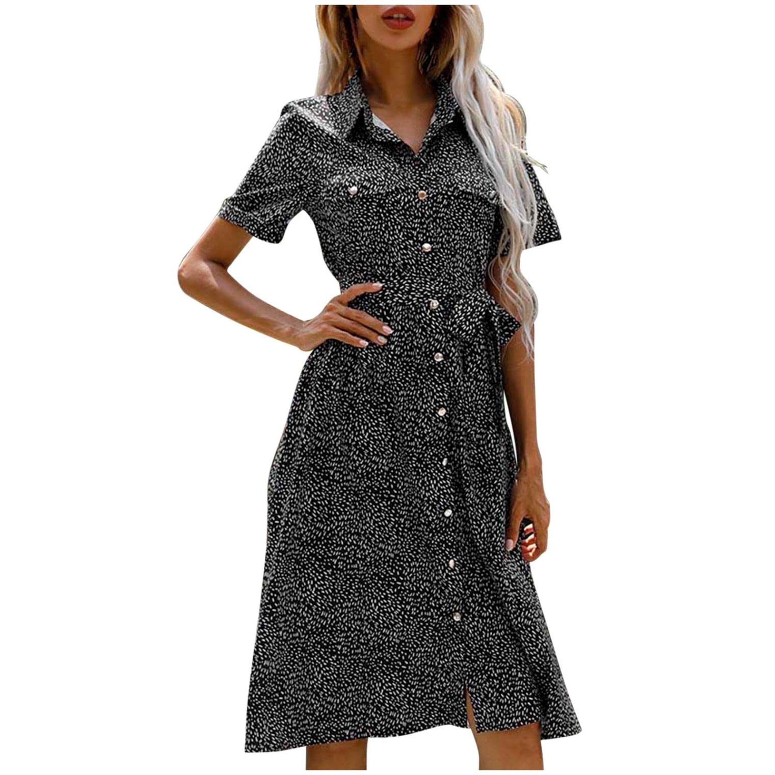 YZHM Women's Summer Short Sleeve Floral Print Shirt Dress with Bow Belt - Elegant Button-Up Knee Length Casual Dress for Office, Date Night & Outdoor Events