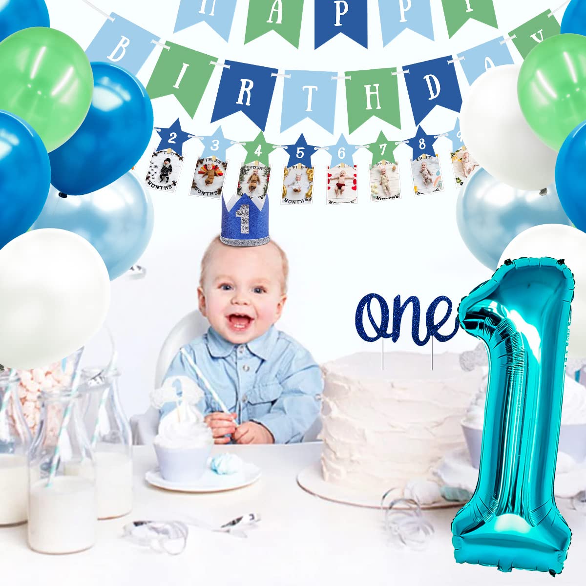Tenshun 1st Birthday Decorations for Boys - Happy Birthday Banner, High Chair Banner & 12 Monthly Photo Banner Set | Baby Boy's First Birthday Party Supplies | Perfect for Birthday Photos, Cake Smash, and Nursery Decor