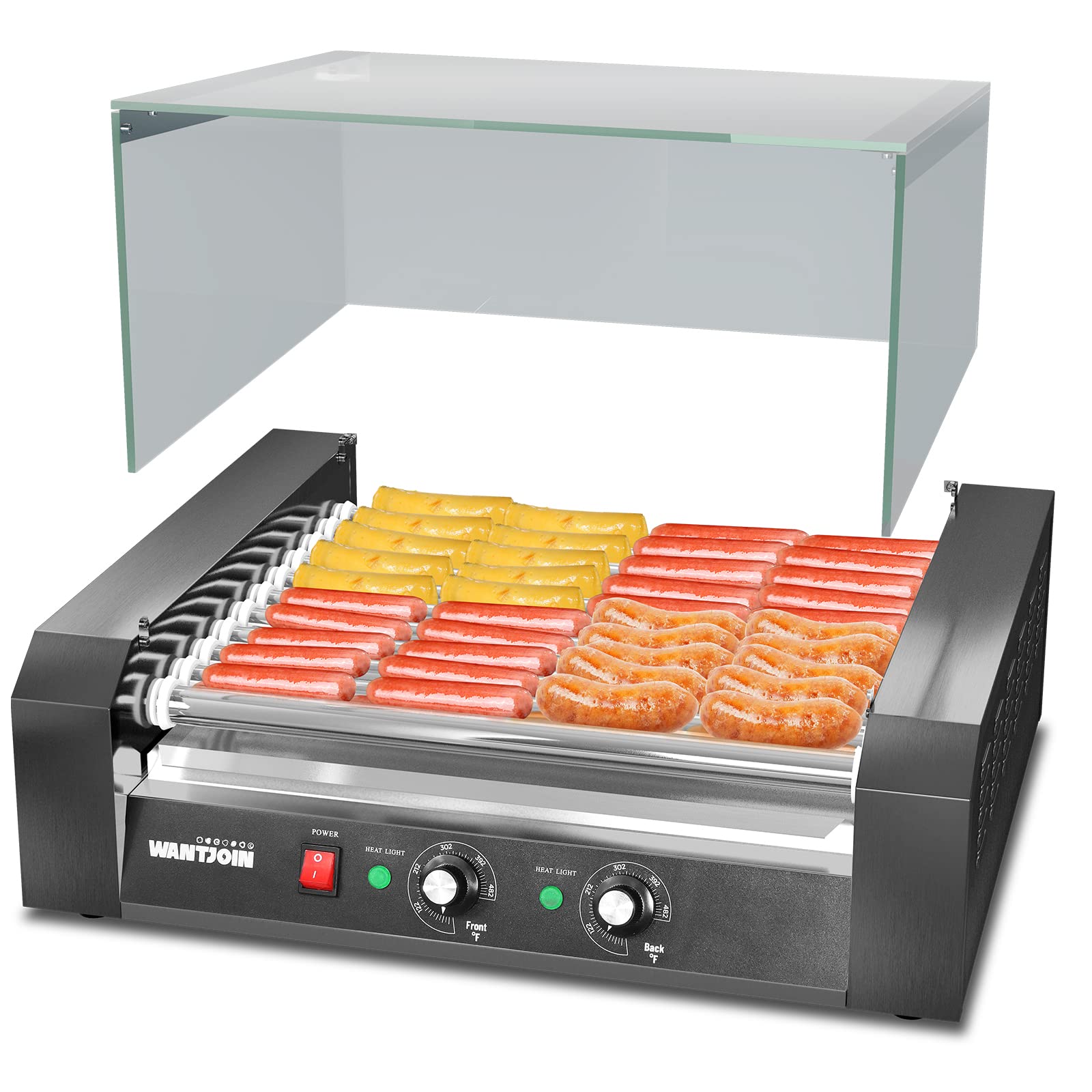 WantJoin Commercial Electric Hot Dog Roller Grill Machine - 11 Stainless Steel Rollers with Cover (Black) - Perfect for Restaurants, Food Trucks, and Convenience Stores