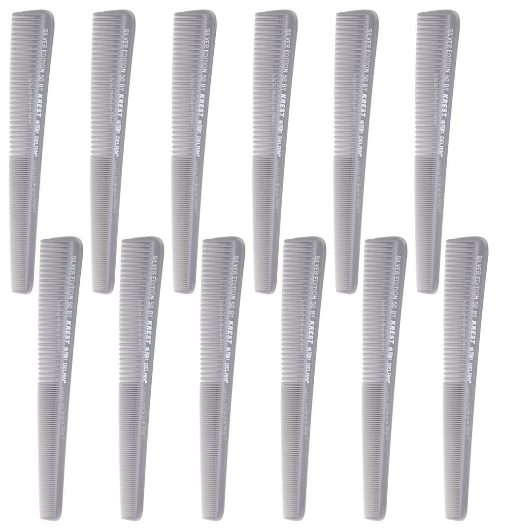 Krest Combs #50 Silver Edition - 7.5 Inch Heat Resistant Tapered Hair Combs (12-Pack) for Styling, Cutting & Salon Professional Use
