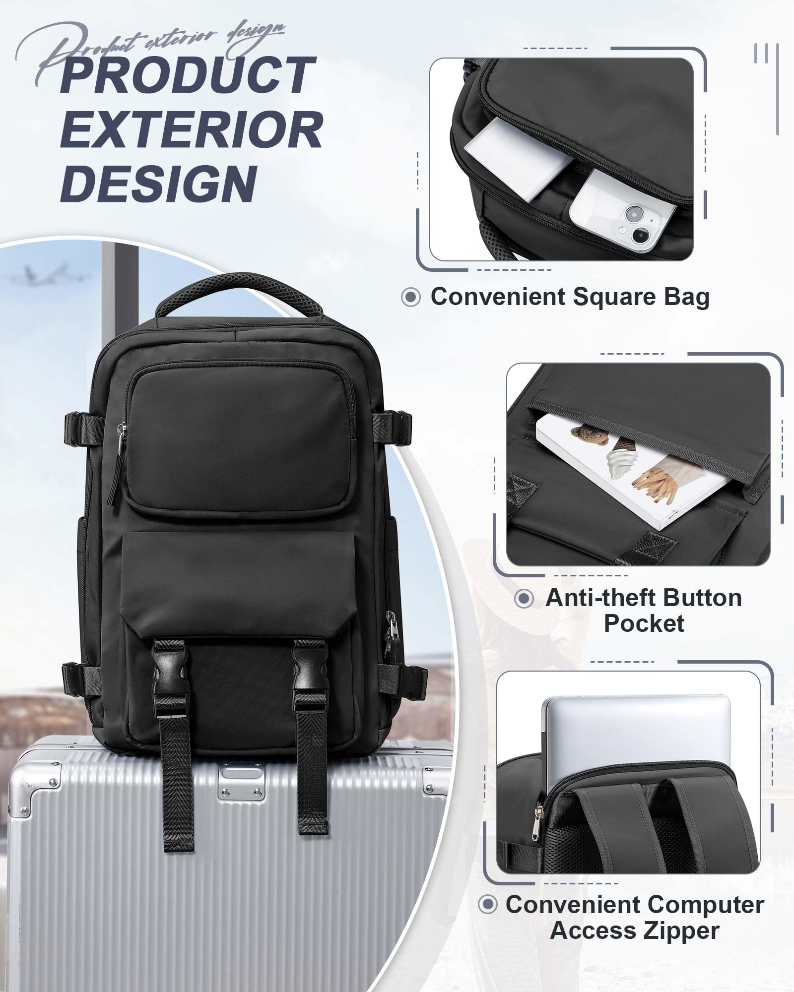 Lightweight Black Travel Backpack for Women & Men - TSA Approved Carry-On Flight Backpack, Casual Daypack & Hiking Rucksack with Laptop Compartment - Perfect for Business Trips, Air Travel & Outdoor Adventures