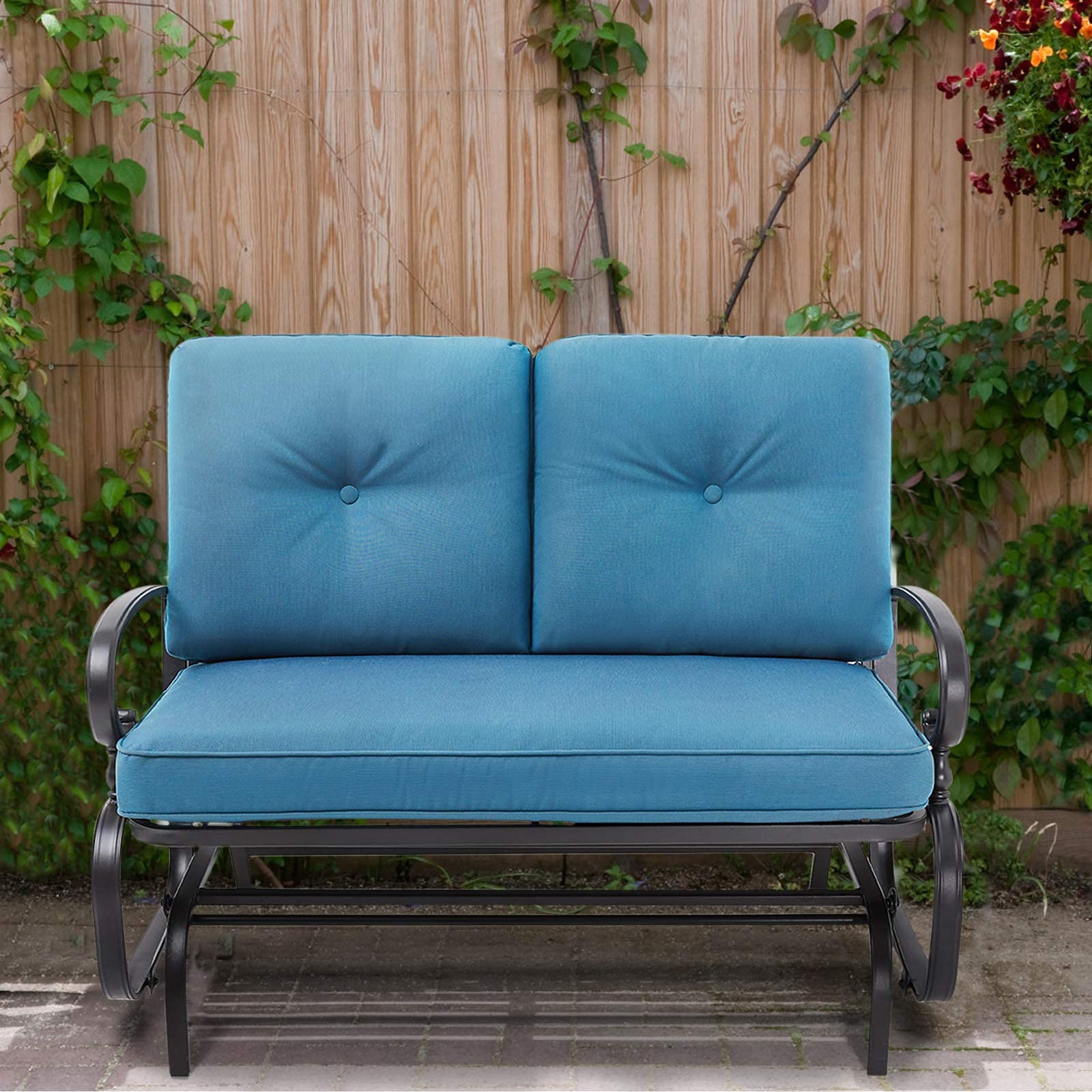 Outdoor Patio Bench Glider Swing - Steel Frame Rocking Loveseat with Thick Cushions (Peacock Blue) - Perfect for Porch, Garden & Backyard Relaxation