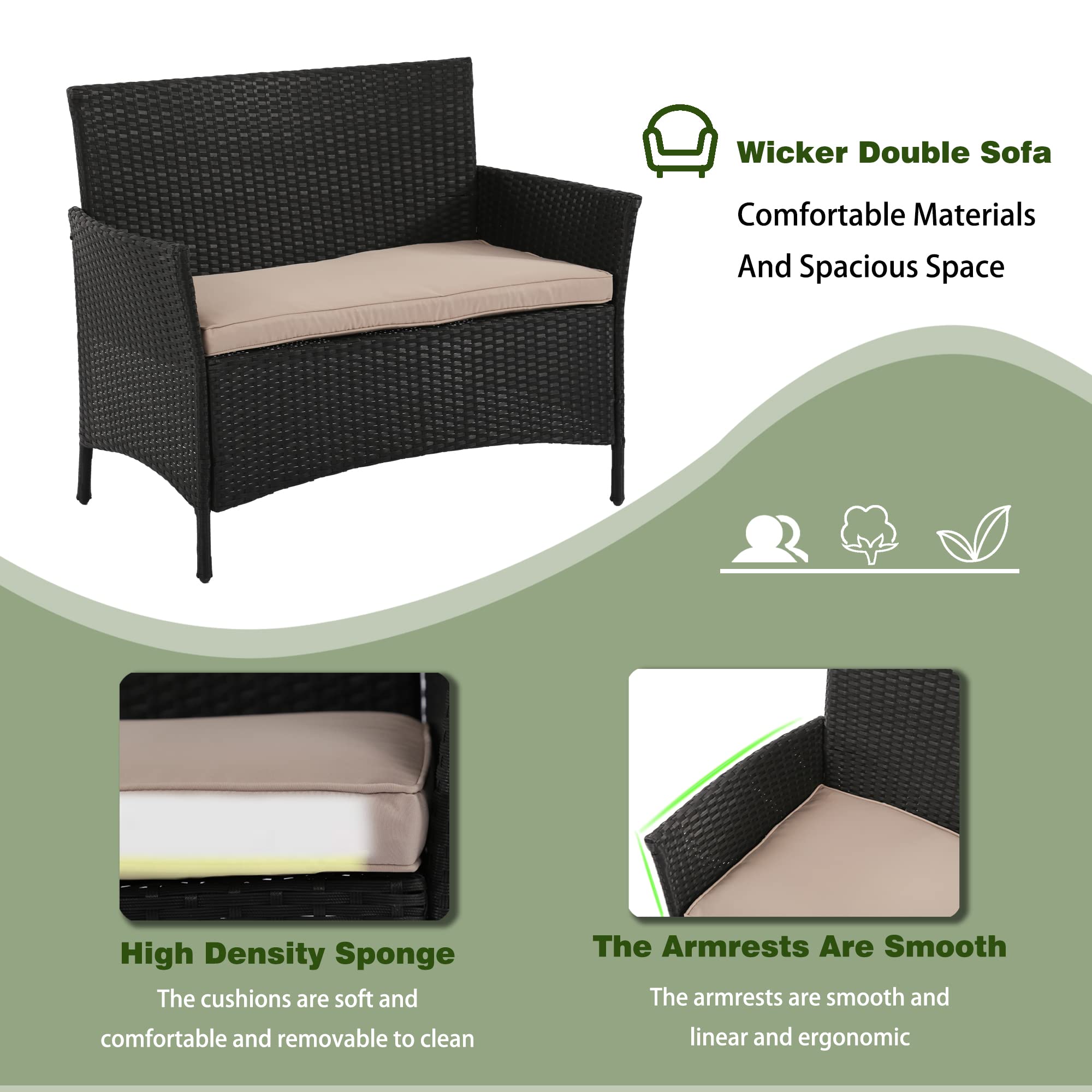 **4-Piece Black Rattan Patio Furniture Set with Soft Cushions & Glass Table - Outdoor Wicker Sofa Conversation Set for Garden, Yard, Poolside, or Backyard Relaxation**
