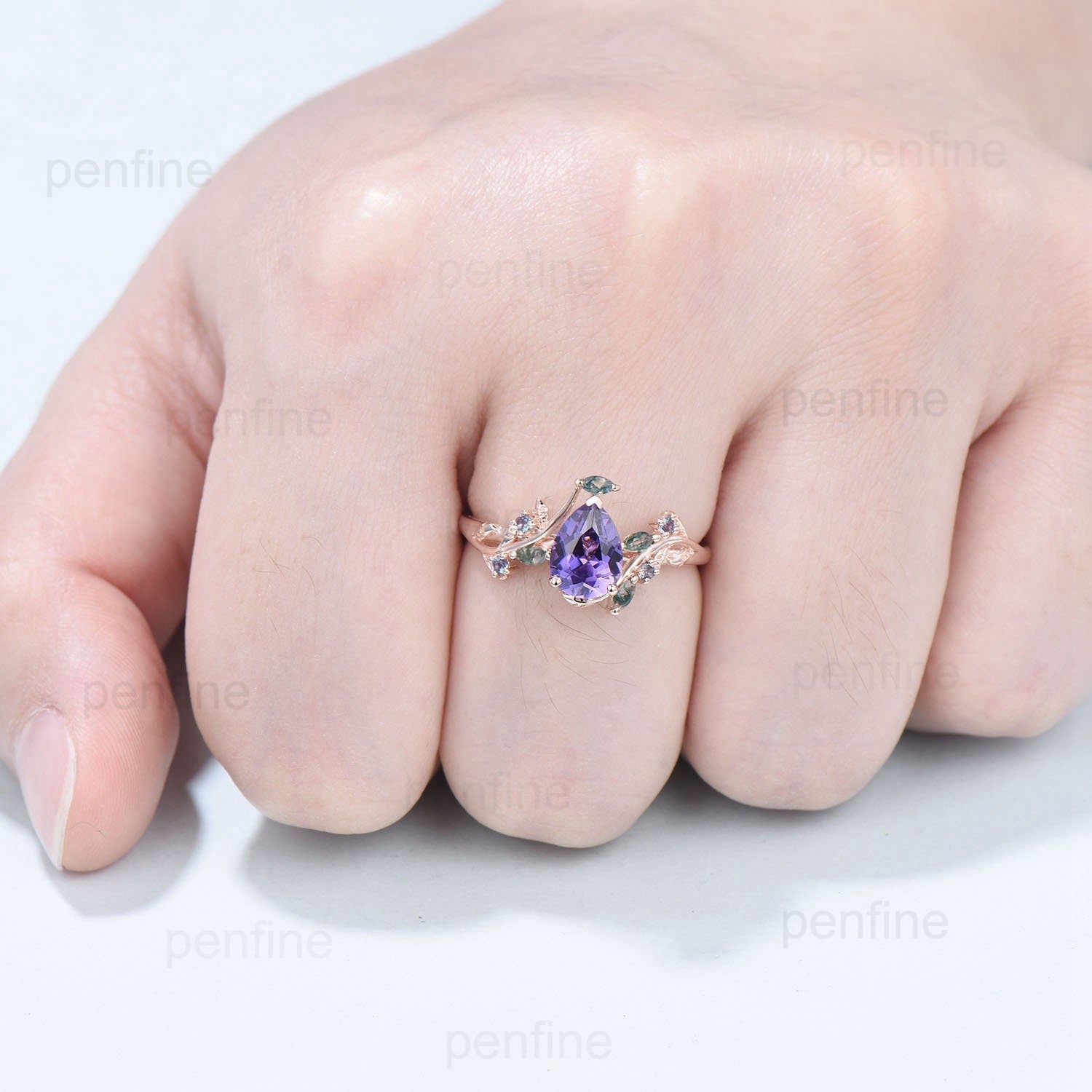 Vintage Pear Shaped Floral Purple Sapphire Engagement Ring - Natural Inspired Alexandrite & Marquise Moss Agate Wedding Promise Ring for Bridal, Anniversary & Special Occasions