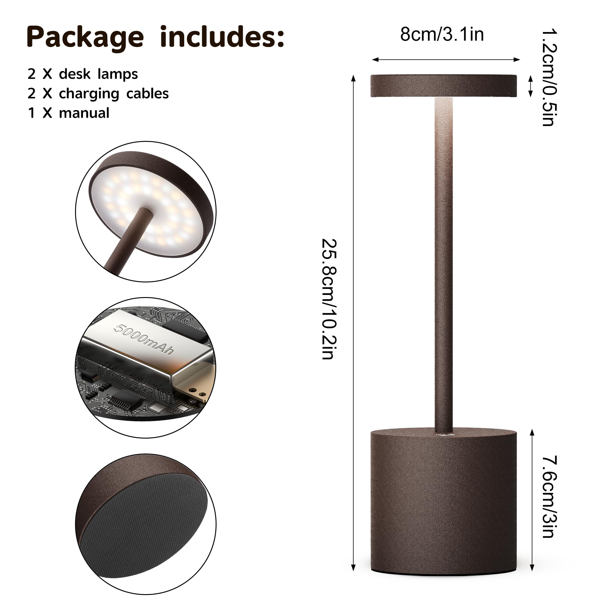 2 Pack Rechargeable LED Table Lamp - 5000mAh Battery, 3 Brightness Levels, USB Powered Metal Desk Light for Home, Office, Restaurant & Outdoor Use (10.25 Inch, Rustic Brown)