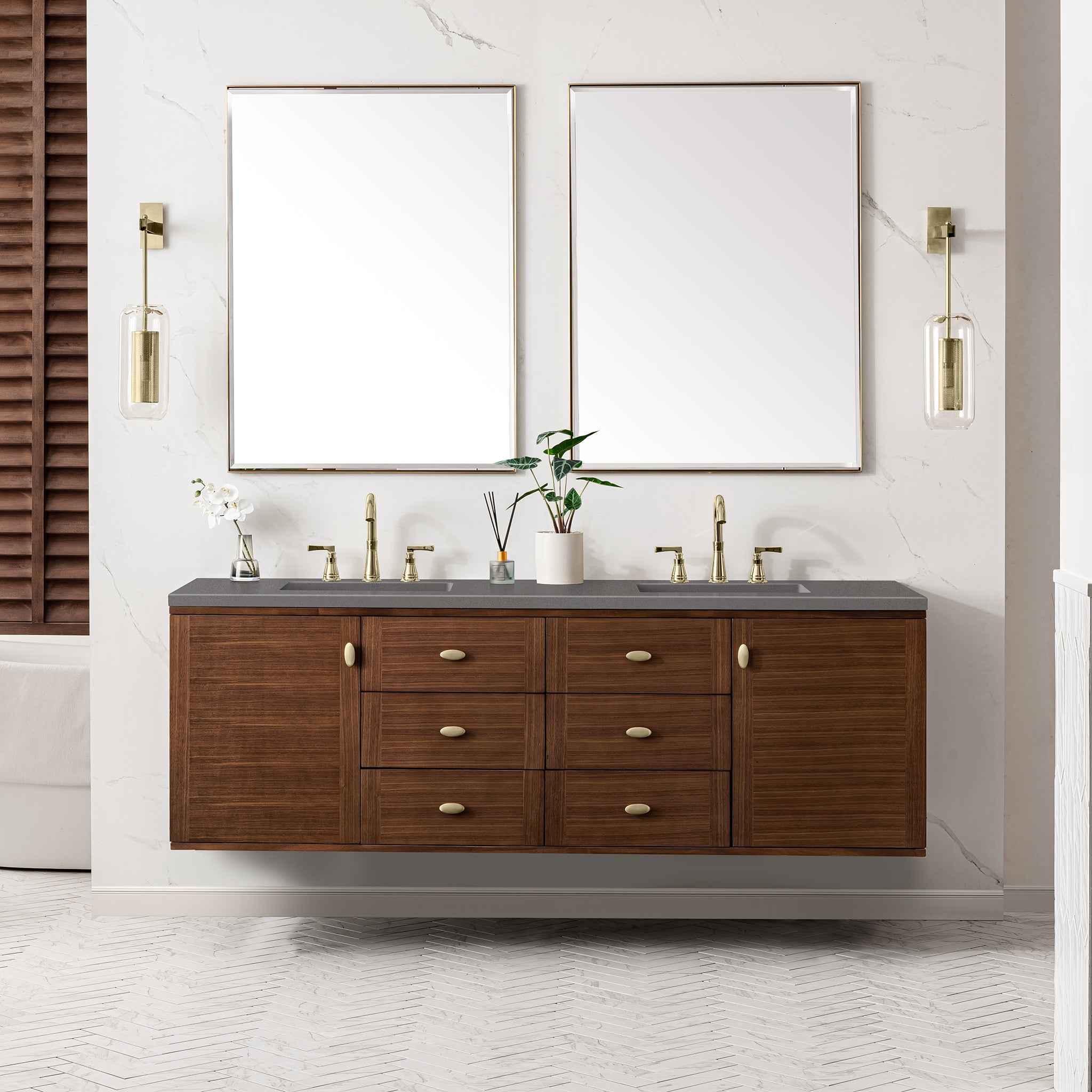Amberly 72 Inch Double Vanity with 3CM Grey Expo Top - Mid Century Modern Walnut Bathroom Vanity for Master Bath & Guest Bathroom