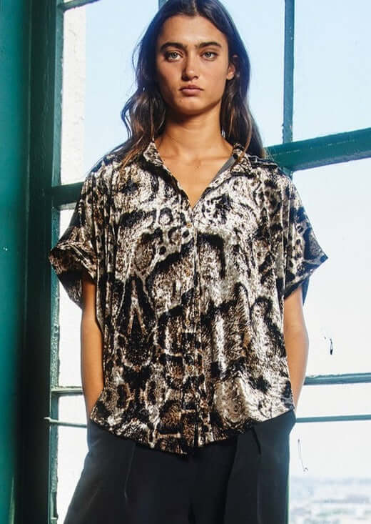Leopard Print Velvet High-Low Button-Up Blouse | Made in USA | Women's Fashion Top for Casual & Evening Wear | Final Sale Clearance