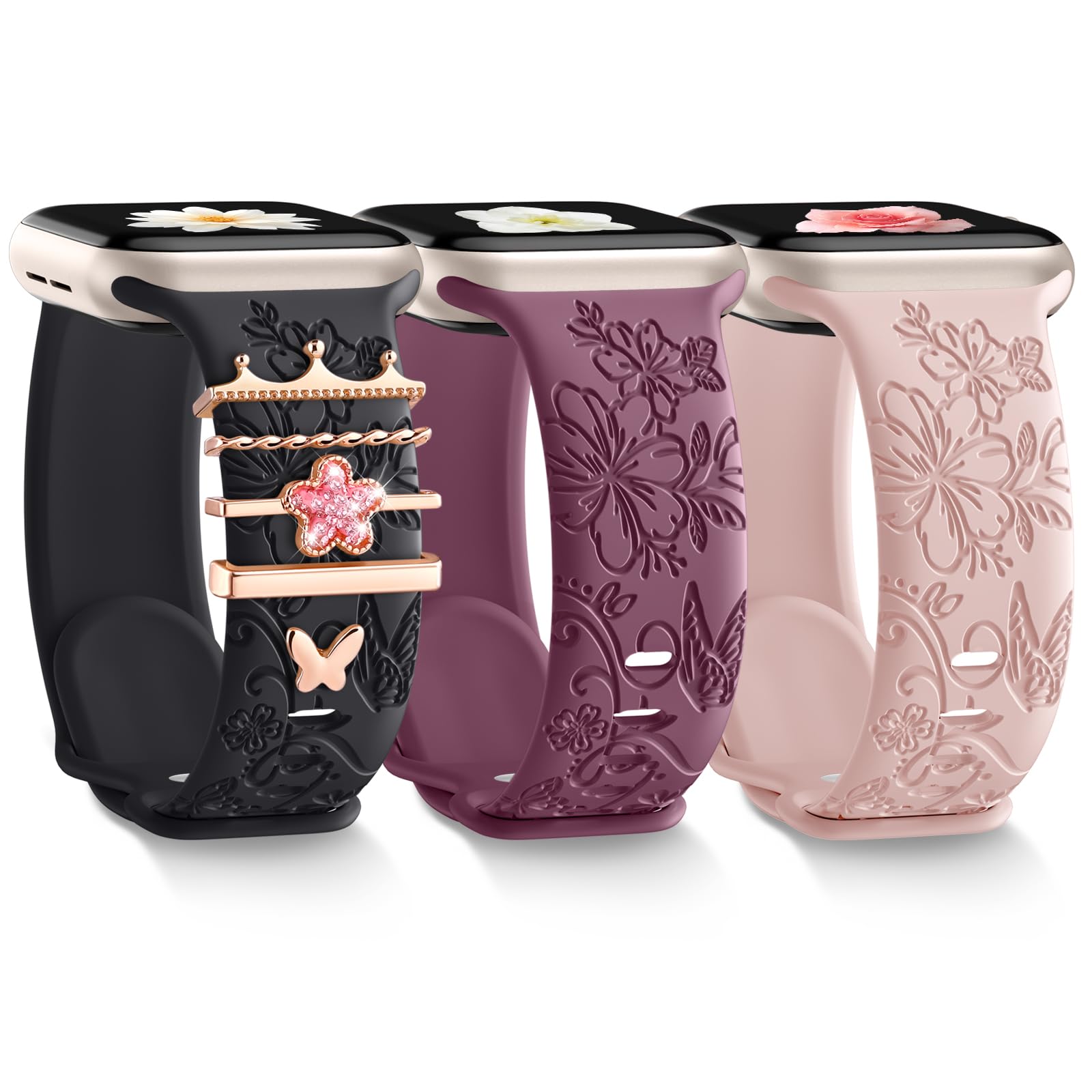 Maledan Floral Apple Watch Bands for Women - Soft Silicone Strap Compatible with Series 10/9/8/7/6/5/4/3/SE, 40mm 41mm 38mm 42mm 44mm 45mm 46mm - Breathable Fashion Bracelet for Daily Wear & Workout