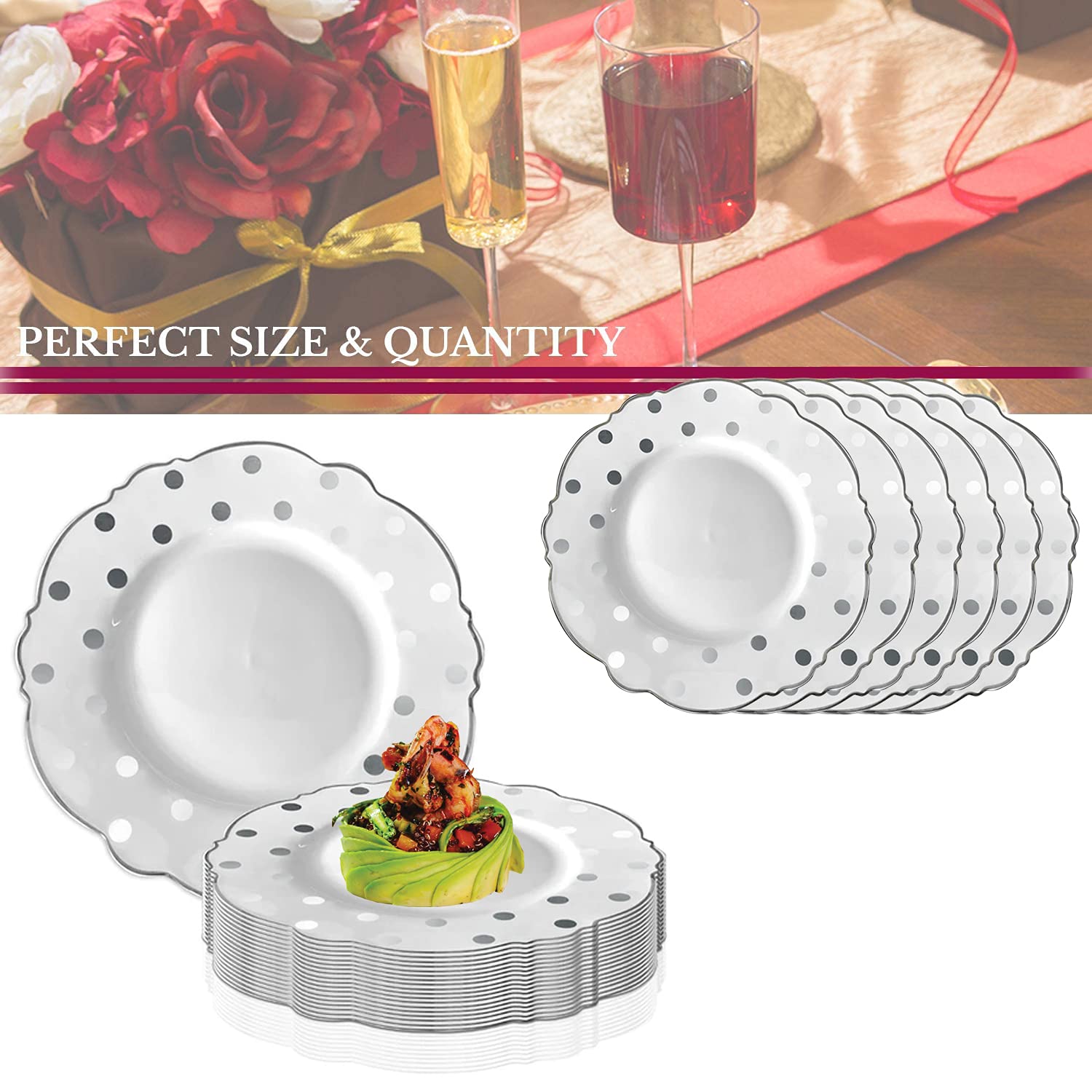 120-Pack White Plastic Plates 7.5 Inch - Elegant Disposable Round Dots Blossom Design Salad/Dessert Plates for Wedding, Birthday Party, Picnic, Catering & Special Events (Silver Trim, Bulk Pack)