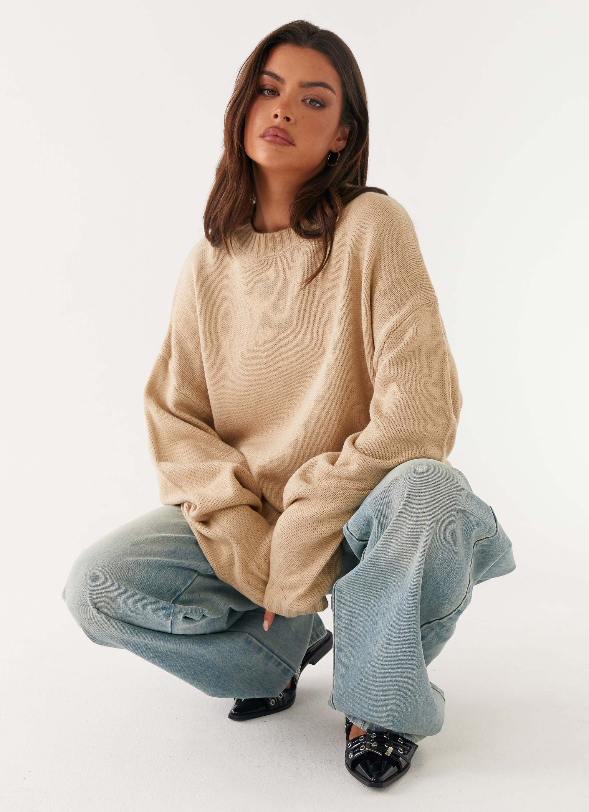 Emma Oversized Sweater Women's Chunky Knit Cardigan - Soft Beige Fall Winter Cozy Pullover for Casual Outfits & Lounge Wear