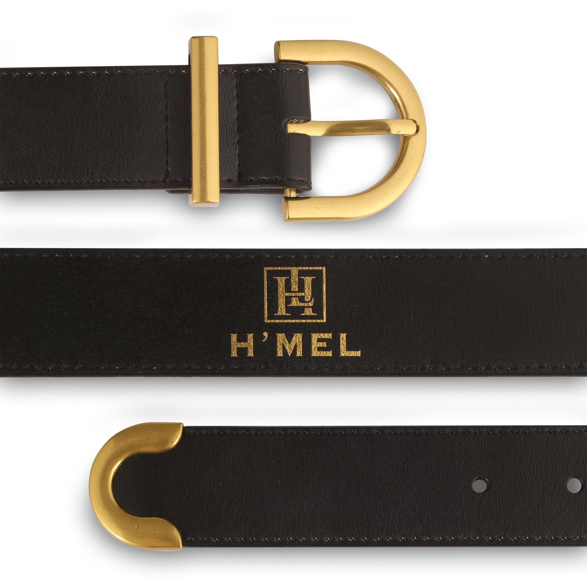 H'MEL Women's Fashion Leather Belts - Gold Metal Buckle for Jeans, Dress Pants | Black & Beige Waist Belts for Everyday Wear & Office Outfits
