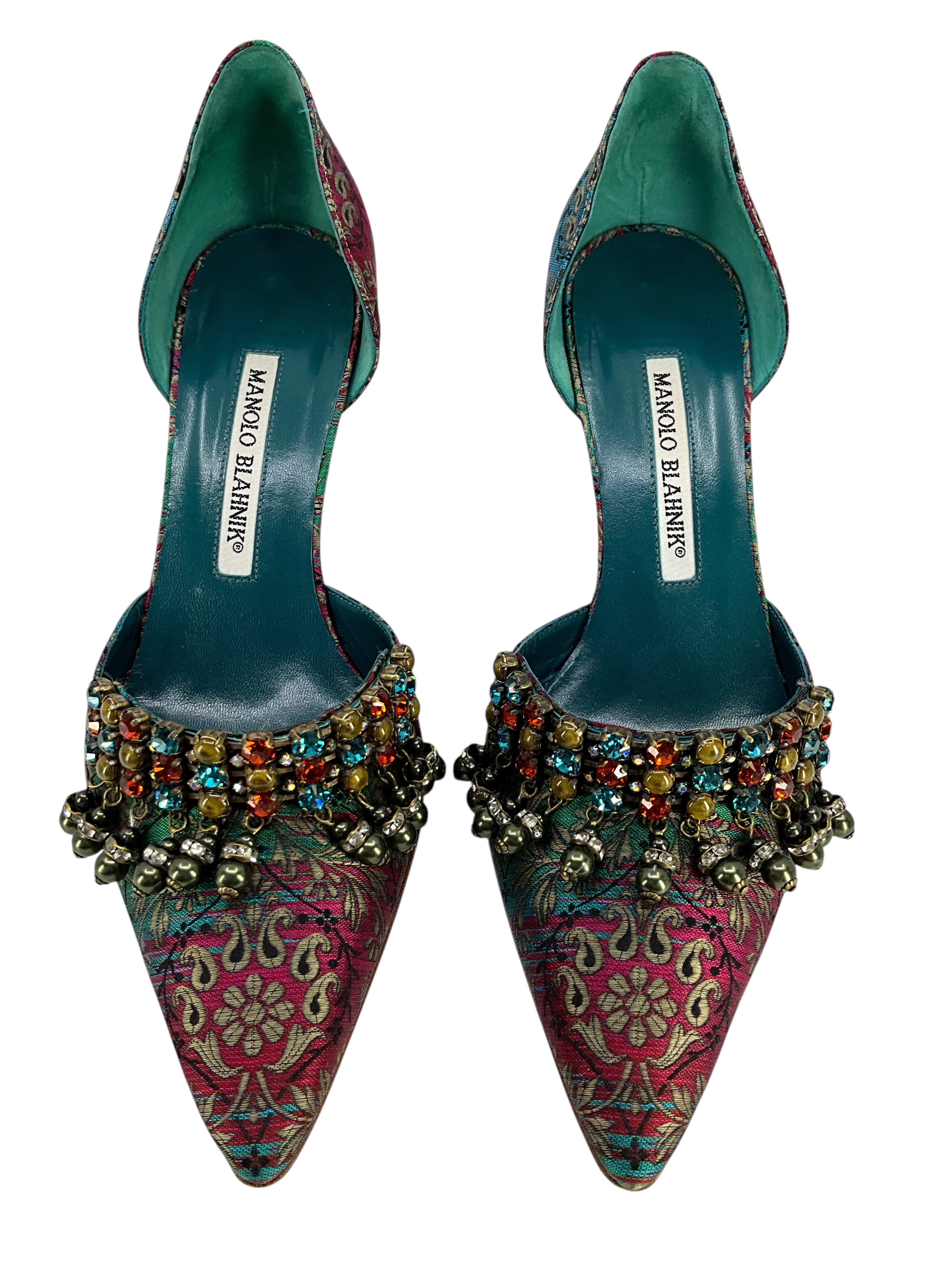 Manolo Blahnik Paisley Jacquard D'Orsay Pumps - Women's Size 7 US (EU 37) | Elegant Floral Heels for Weddings, Parties & Formal Events