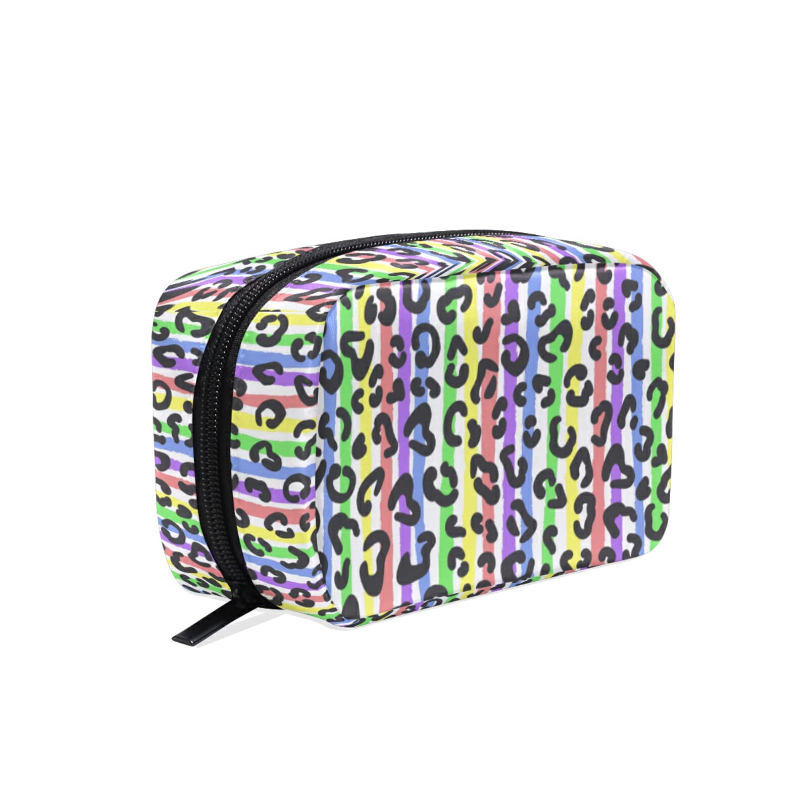 Rainbow Striped Leopard Print Travel Makeup Bag for Women - Waterproof Cosmetic Organizer Pouch, Reusable Small Toiletry Bag for Purse, Gym, Travel & Daily Use - Perfect Gift for Girls & Teens