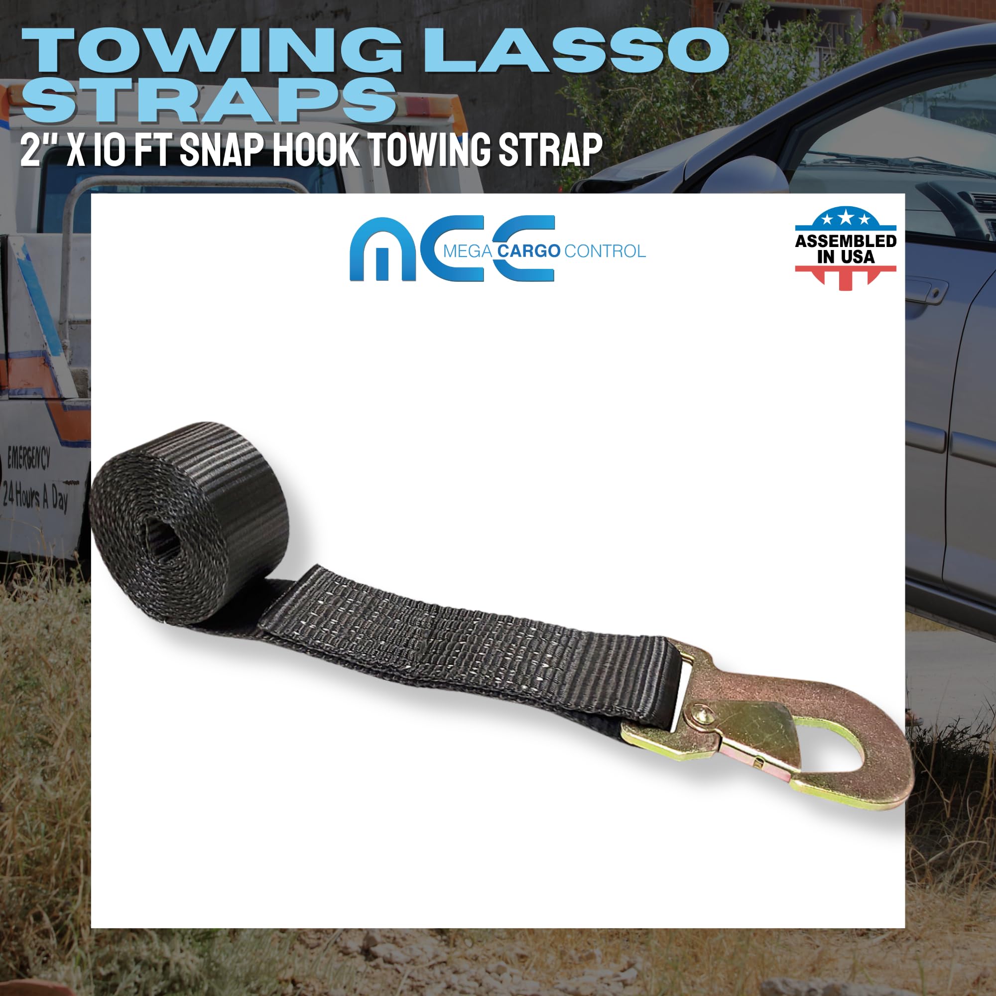 2in x 10ft Heavy Duty Snap Hook Lasso Winch Strap - Pack of 8 Black USA Made Tie Down Straps for Car Wheels, Trailers, Auto Tow & Off-Road Vehicles | Secure Transport & Towing Accessories