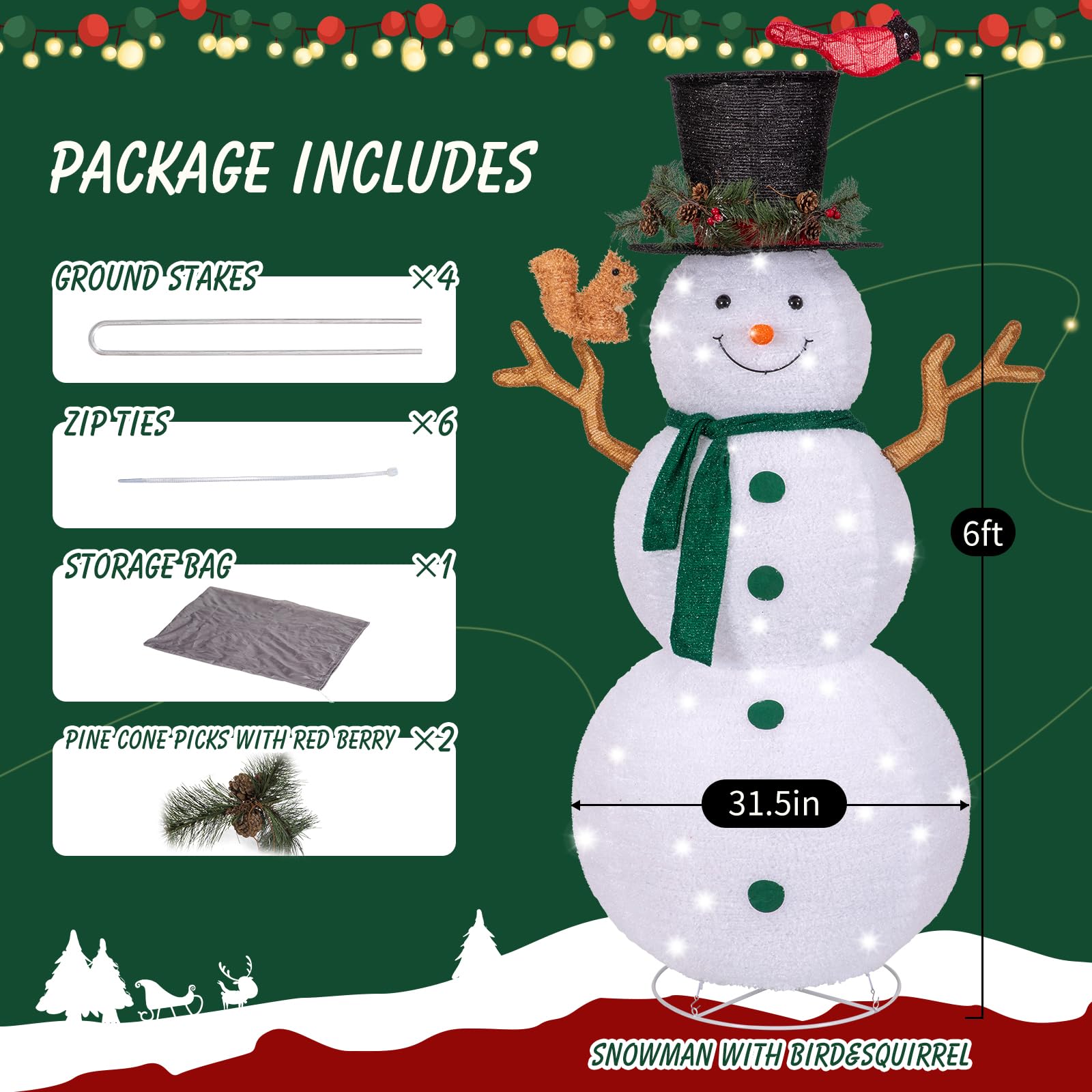 NALONE 6FT LED Lighted Snowman Outdoor Christmas Decor - 200 Warm White Lights with Timer, Collapsible Holiday Yard Decoration Featuring Fluffy Snowman with Bird & Squirrel - Perfect for Front Yard, Porch, and Garden Holiday Displays