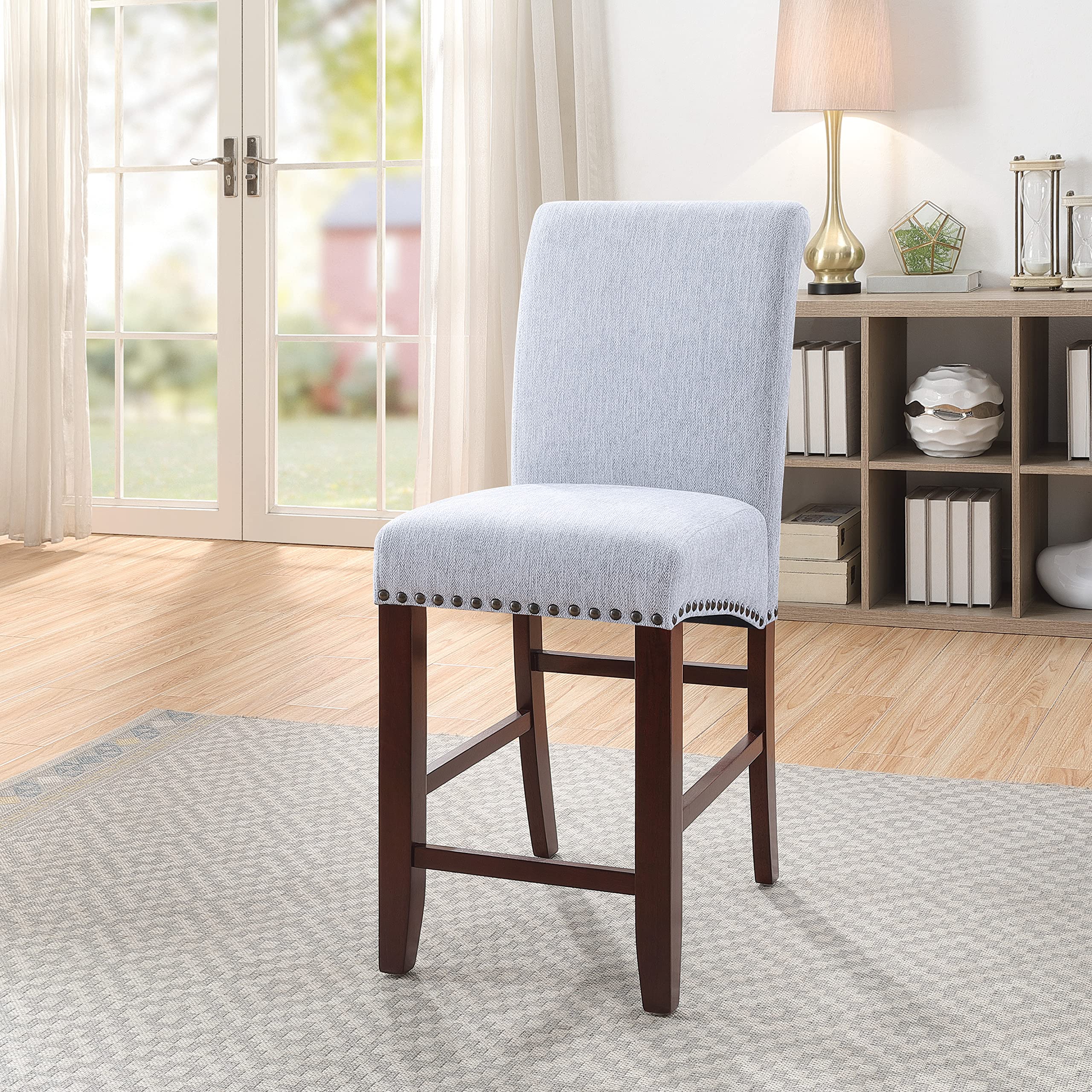 OSP Home Furnishings 24 Inch Parsons Bar Stool with Antique Bronze Nail Heads & Smoke Fabric - Perfect for Kitchen Islands, Breakfast Bars & Modern Dining Areas