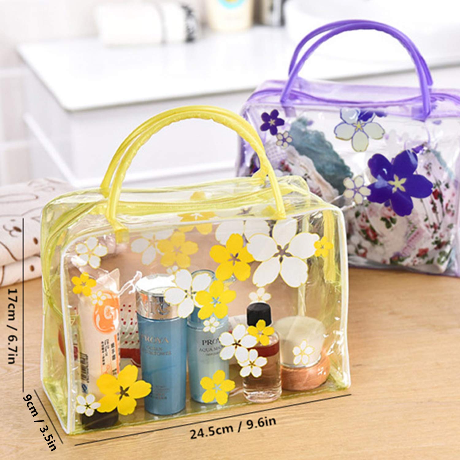 Clear Cosmetic Bag with Flower Design - Waterproof Plastic Zipper Pouch for Travel Toiletries | Portable Makeup Organizer with Handle | Perfect for Gym, Vacation & Daily Essentials Storage