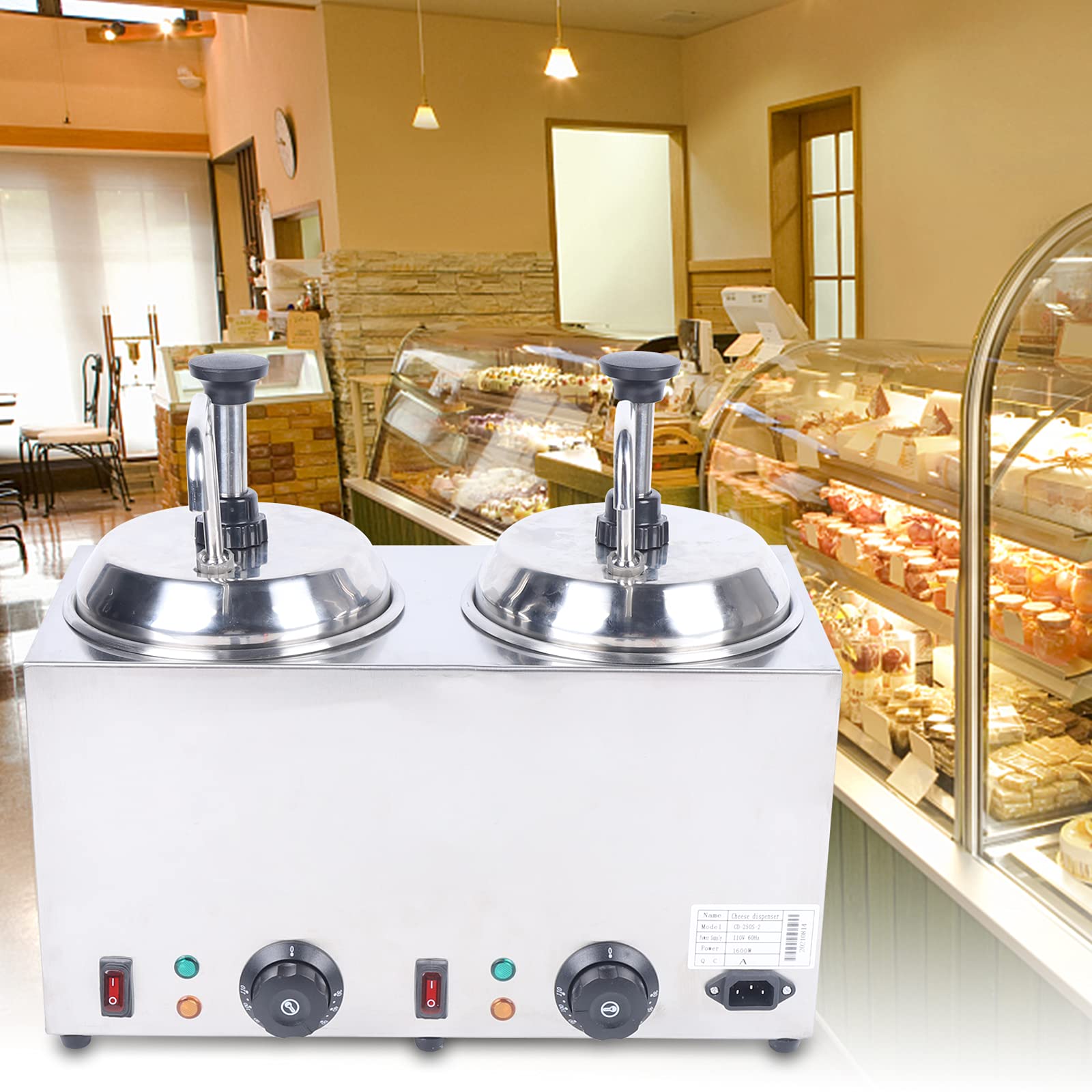 Electric Double-Head Warmer Dispenser with Pump & Temp Control - 2 x 2L Capacity for Melting Cheese, Caramel, Chocolate | Perfect for Restaurants, Cafes & Catering Events
