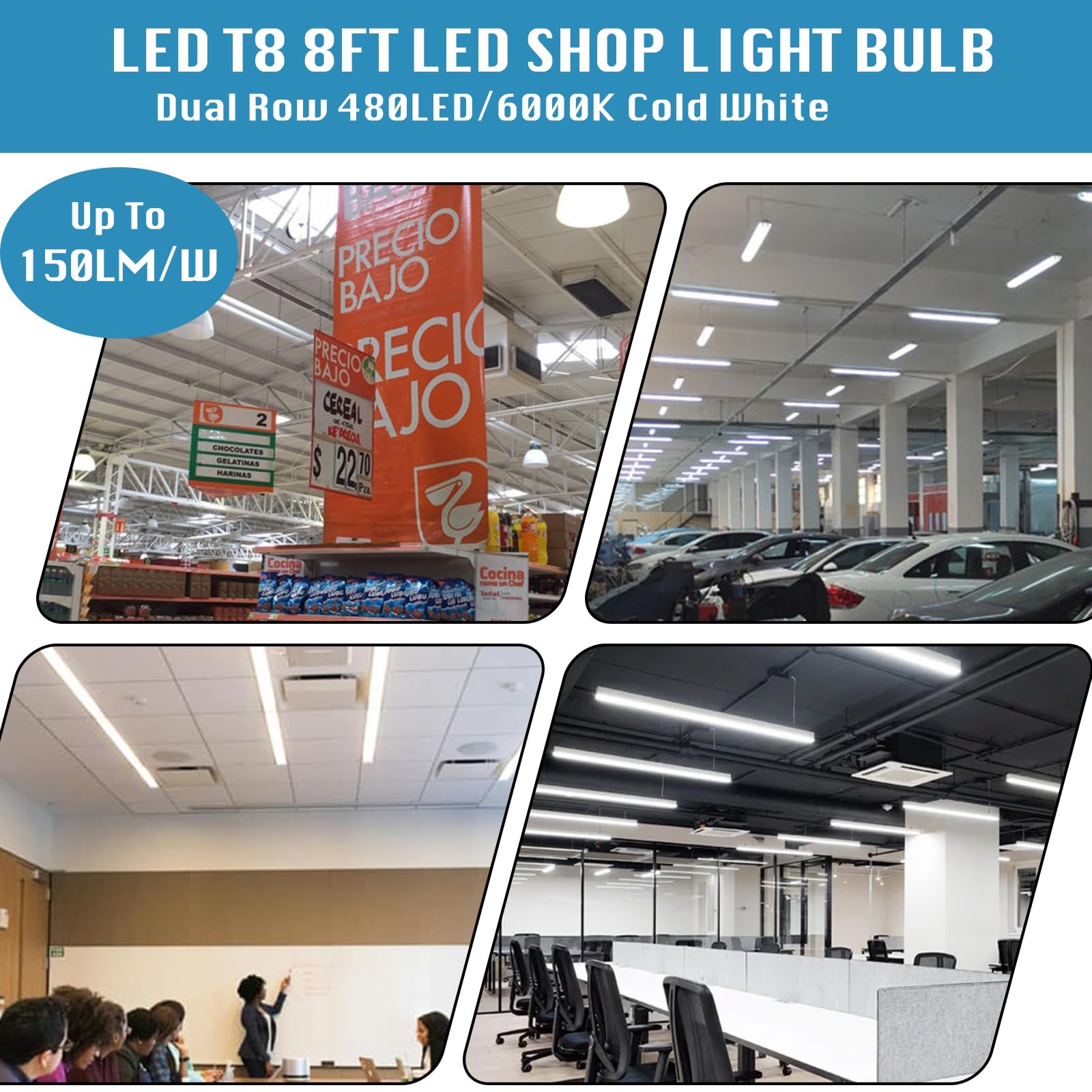 8FT LED Shop Light Fixture - 150W 19000LM, 5000K-5700K Daylight White, 96'' T8 Integrated V-Shape Fluorescent Tube Replacement, High Output Linkable LED Lights for Garage, Warehouse, Workshop - Plug & Play, Energy Saving (Pack of 10) - Perfect for Industrial Lighting, Commercial Spaces & Home Garages
