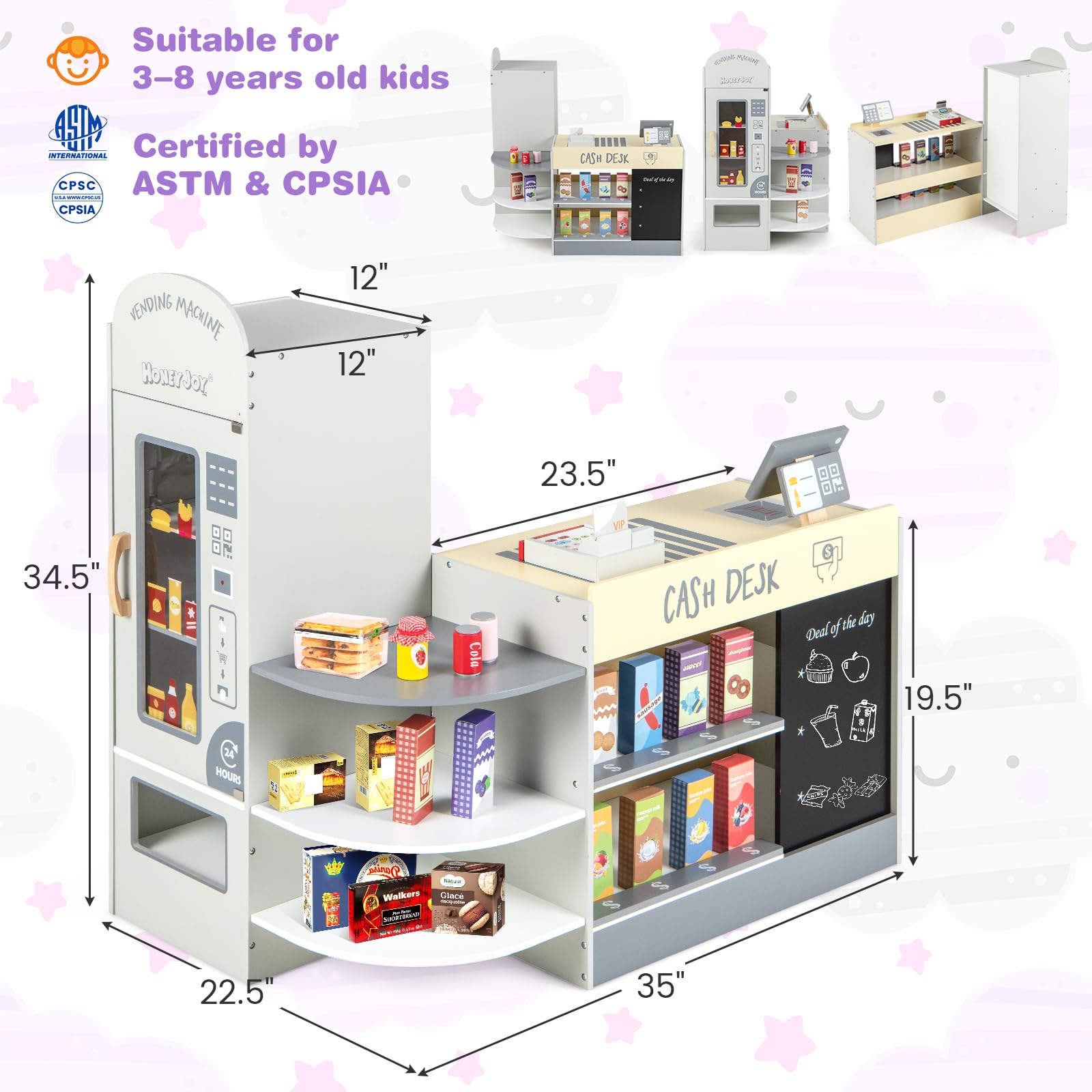 HONEY JOY Kids Grocery Store Playset - Wooden Supermarket Toy with Cash Register, Vending Machine & Checkout Counter - Pretend Play Set for Toddlers Boys & Girls (Gray) - Perfect for Role Play, Early Learning & Social Skills Development
