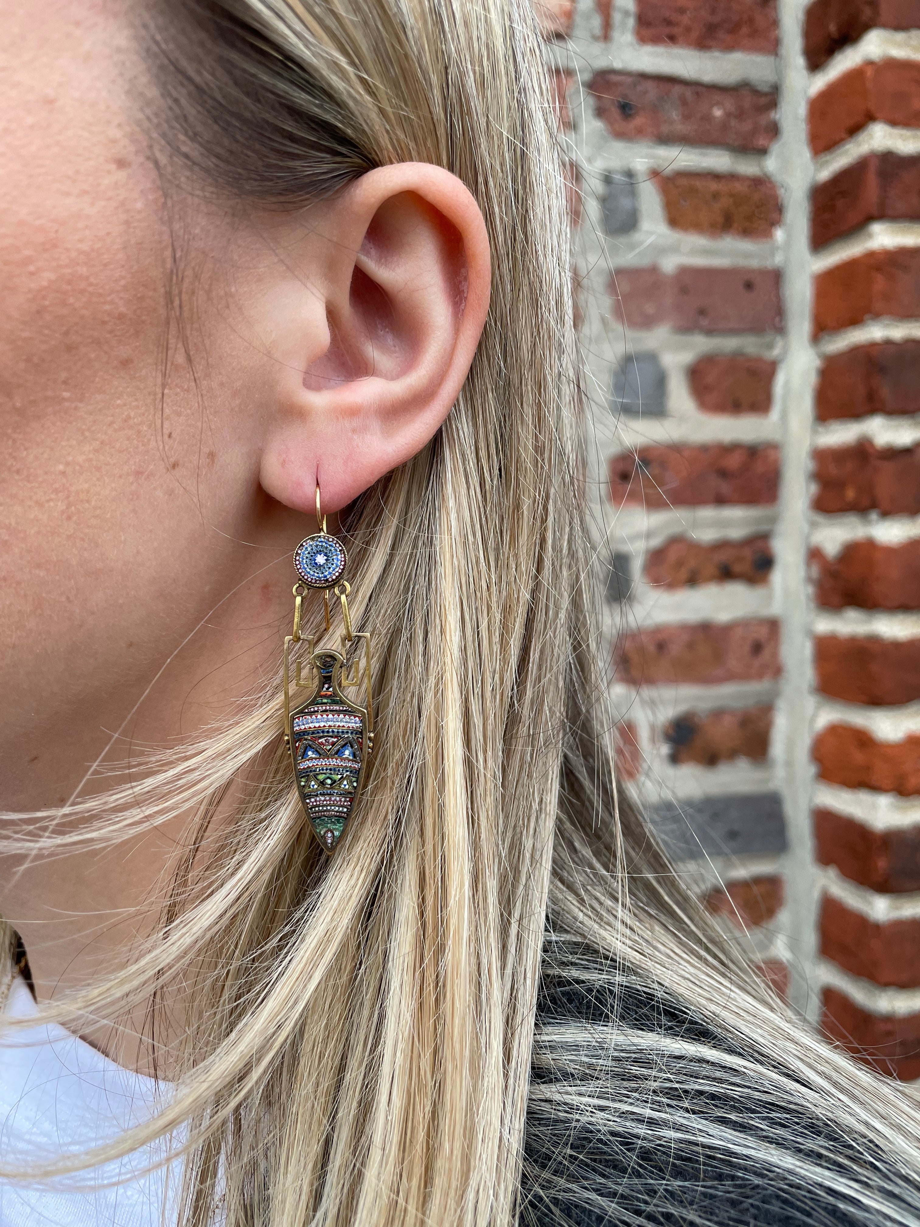 Exquisite Victorian 18kt/14kt Gold Micro Mosaic Urn Dangle Earrings - Elegant Antique Jewelry for Women, Perfect for Weddings, Parties & Special Occasions