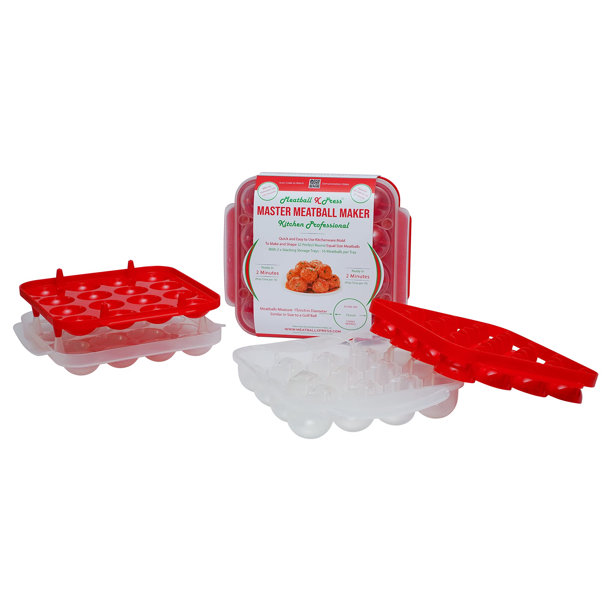 Professional Meatball Maker & Stacking Storage Tray System - 32 Meatball Capacity - Perfect for Meal Prep, Party Snacks & Kitchen Organization