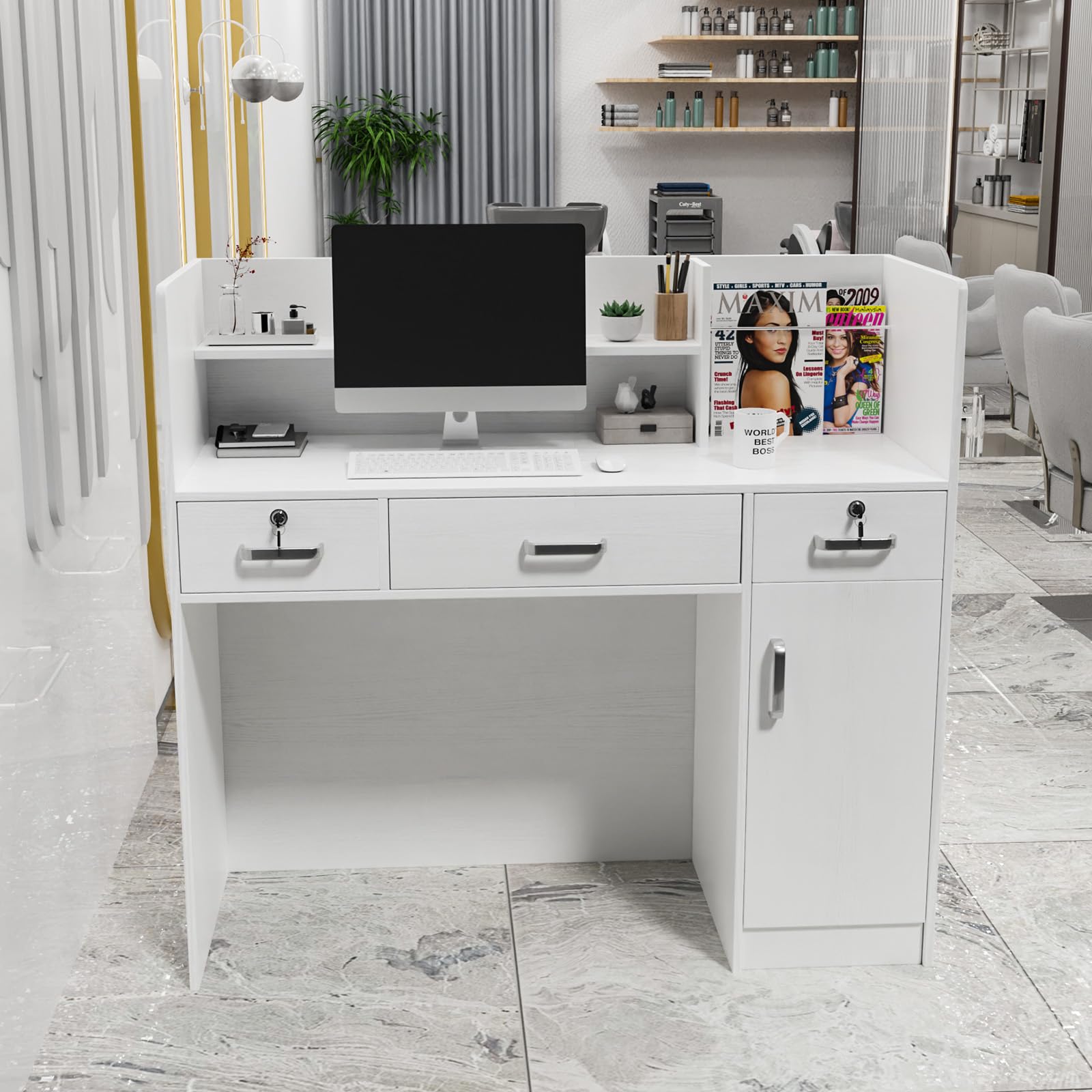 Modern Reception Desk with Lockable Drawers & Adjustable Shelves - 47.2