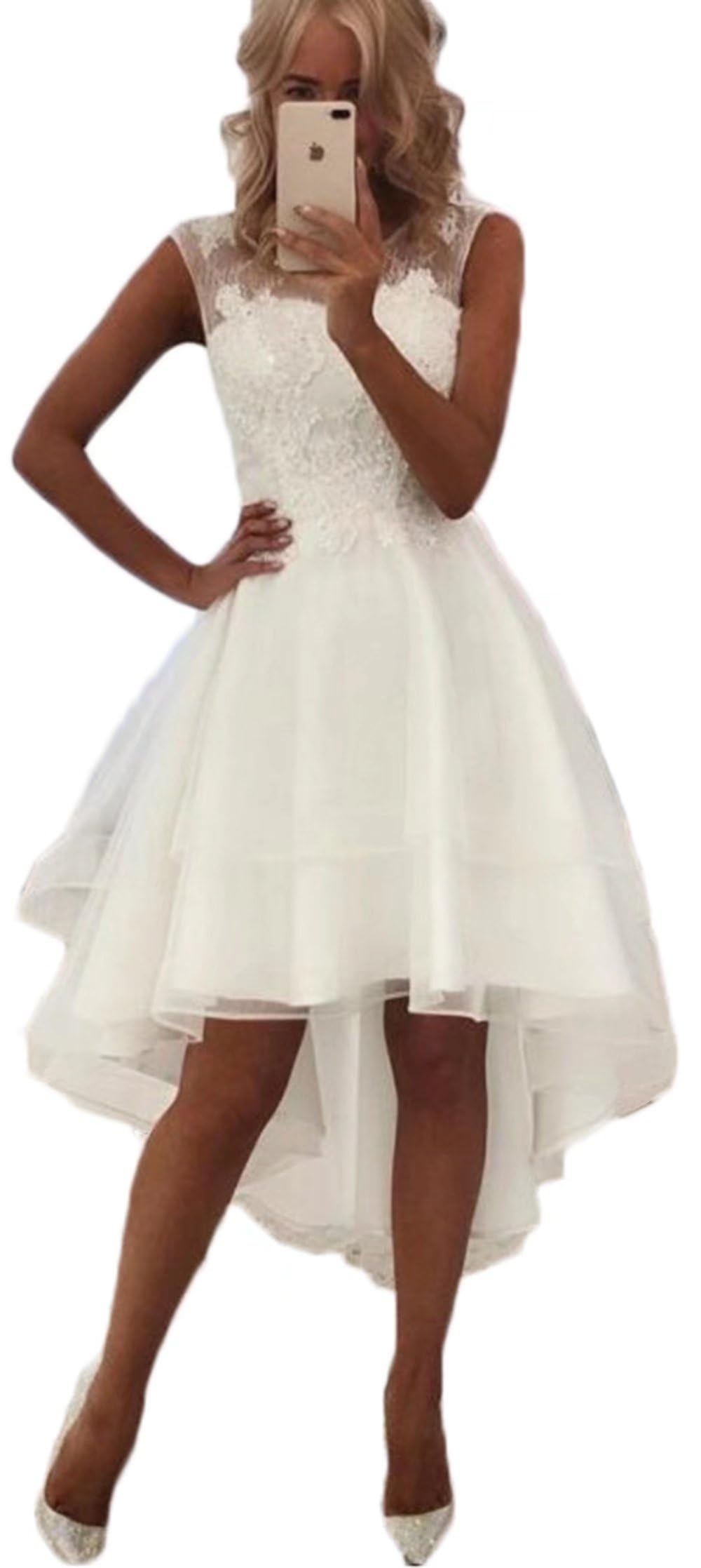 Elegant Short Beach Wedding Dress for Bride - High Low Lace Appliques Bridal Gown | Perfect for Destination Weddings & Beach Ceremonies