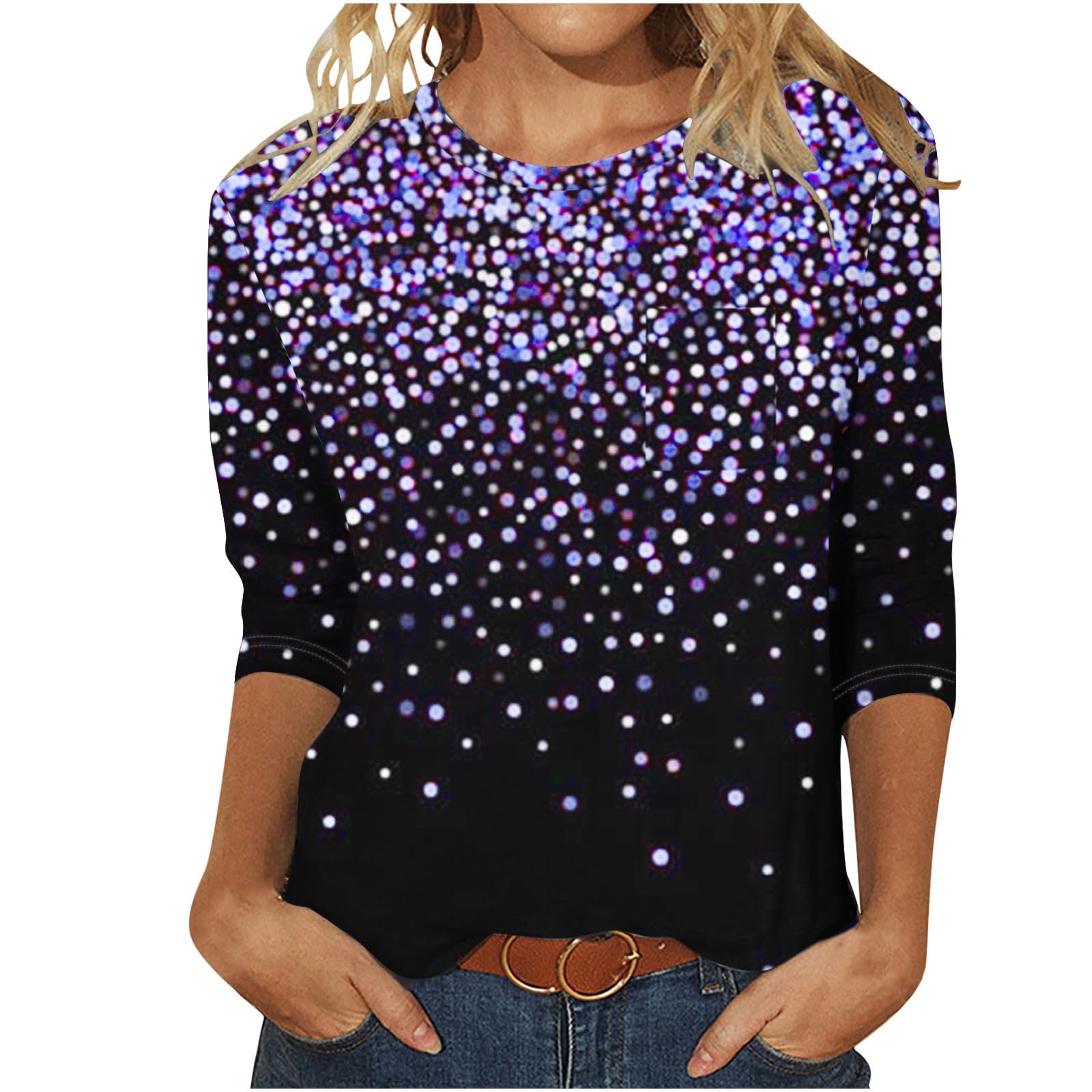 Sparkle Crewneck 3/4 Sleeve Tunic Top for Women - Trendy Summer Vacation Shirt, Casual & Dressy Fashion Tunic - Perfect for Beach Outings, Date Nights & Office Wear