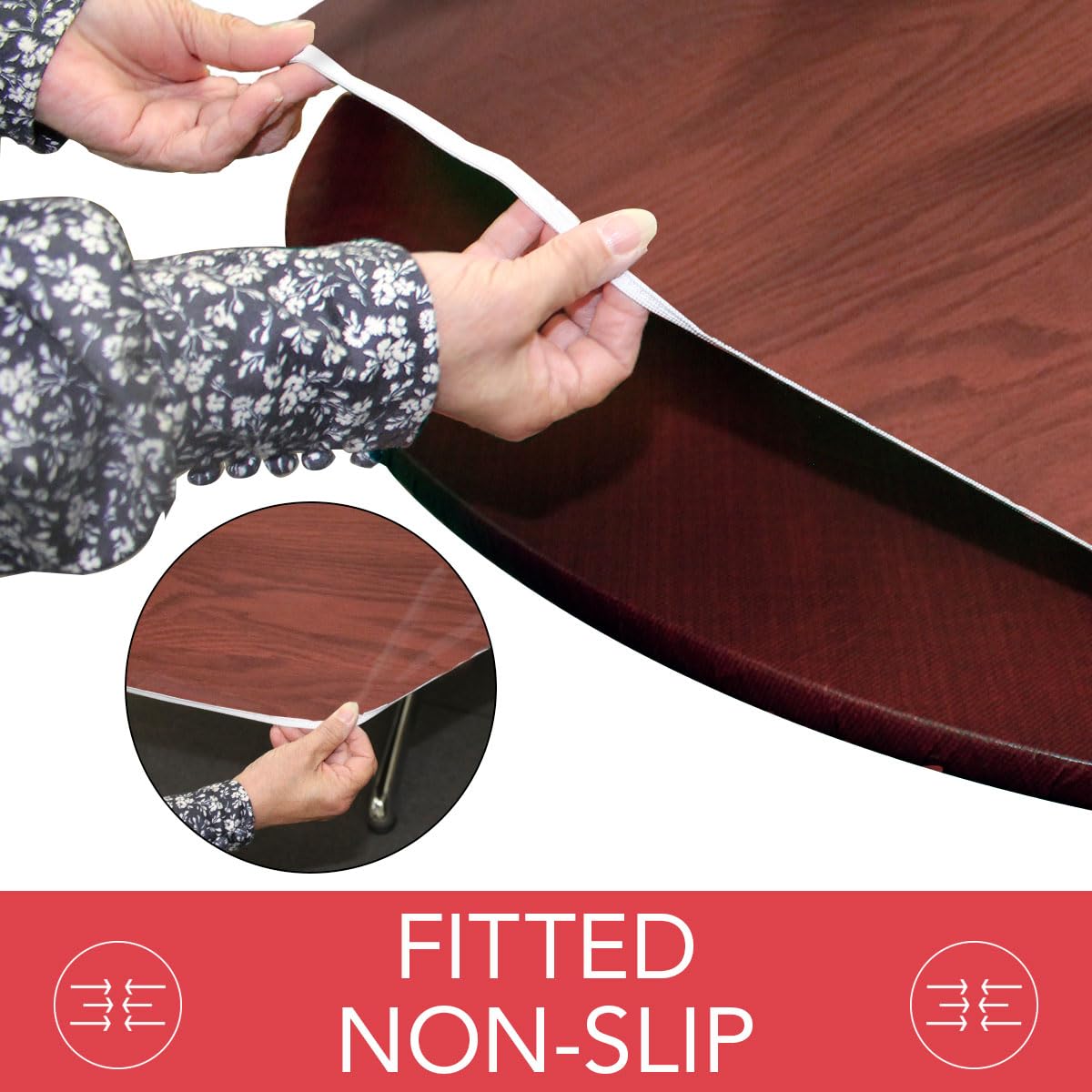 Premium Elastic Flannel-Backed Vinyl Table Cover - Woodgrain Mahogany Pattern - Fits Round/Oblong/Oval Tables 45