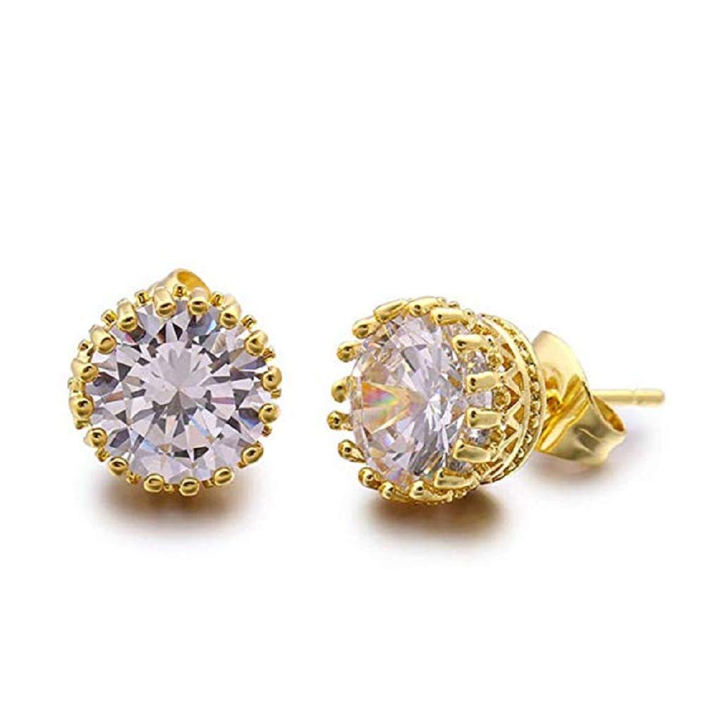 9mm Round Cut CZ Cubic Zirconia Stud Earrings - 14K Gold Plated Wedding Bridal Jewelry for Women - Elegant Crown Design Earrings for Parties, Prom & Everyday Wear