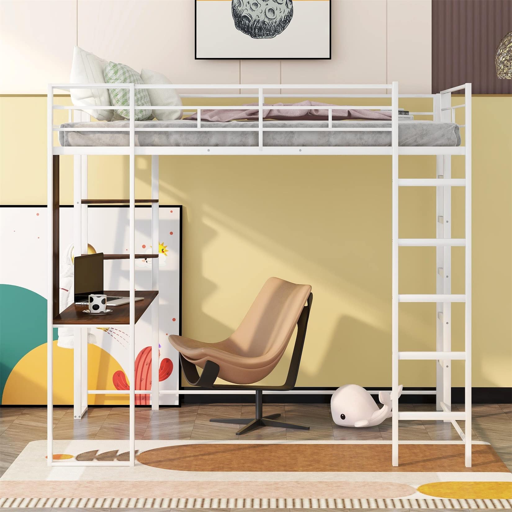Full Size Metal Loft Bed Frame with Desk & Bookcase - Sturdy White Space-Saving Bed for Teens & Kids - Perfect for Small Bedrooms, Dorm Rooms & Studio Apartments